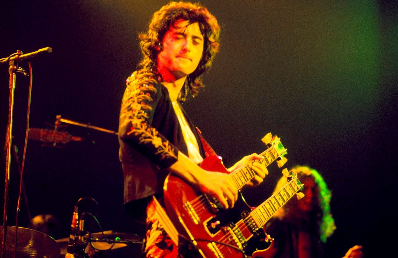 Jimmy Page, playing a Gibson EDS-1275 double-neck guitar, performs live on stage in July 1973