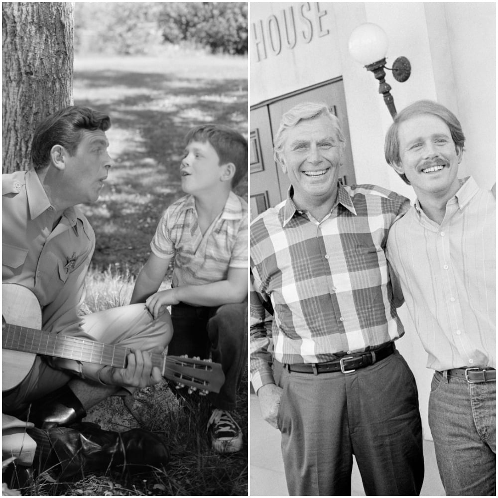 Left: 1962, Andy Griffith and Ron Howard share a song on 'The Andy Griffith Show; Right: 1986, The pair in the television movie 'Return to Mayberry'