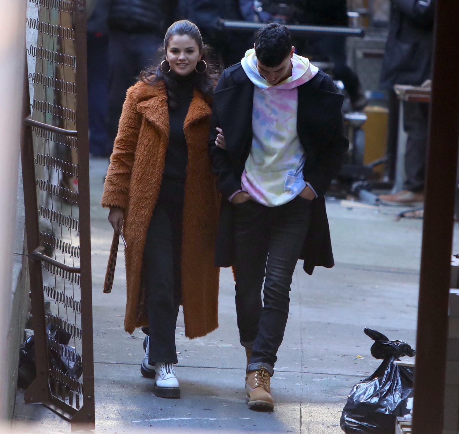 Selena Gomez and Aaron Dominguez on the set of 'Only Murders in the Building' on February 24, 2021 in New York City