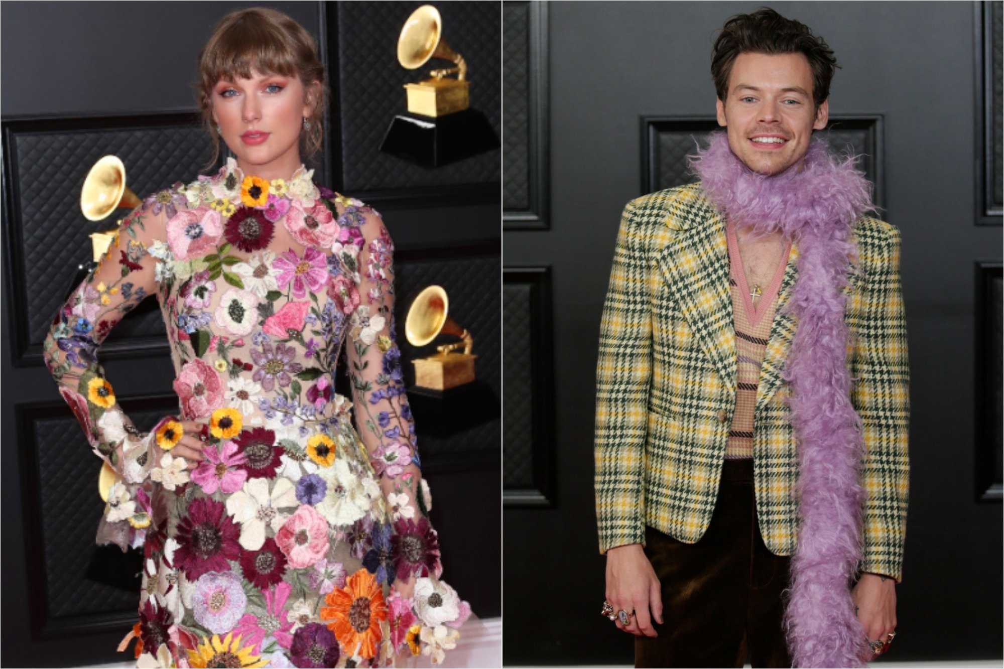 (L) Taylor Swift on the red carpet at the 63rd Annual Grammy Awards on March 14, 2021 / (R) Harry Styles at THE 63rd ANNUAL GRAMMY® AWARDS on March 14, 2021
