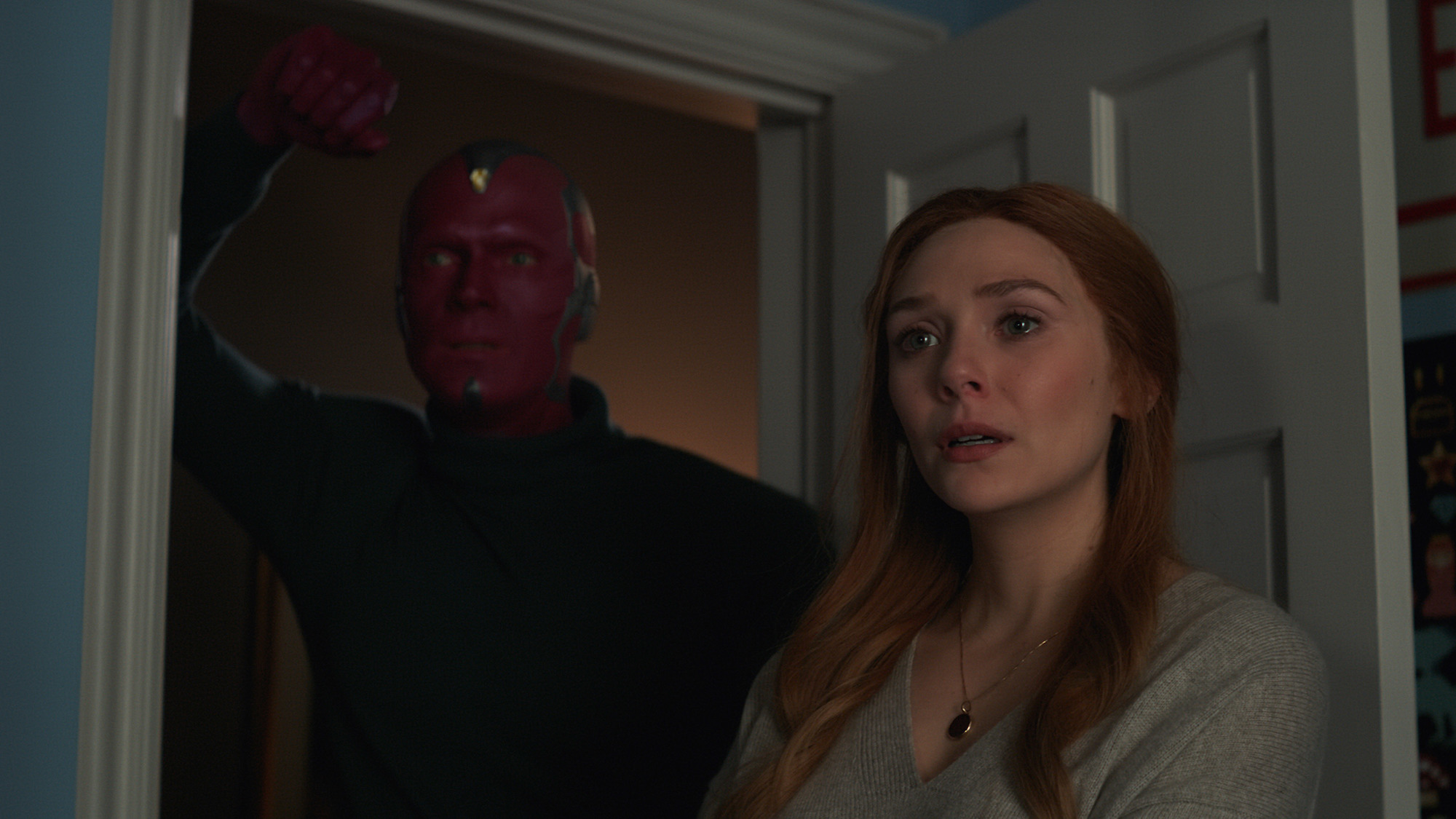 Vision (Bettany) and Wanda Maximoff (Olsen) in the finale of 'WandaVision' 