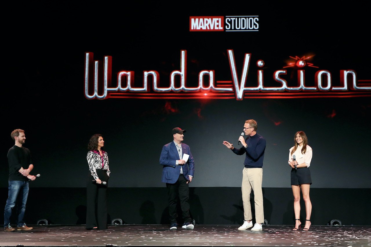 'Wandavision' director Matt Shakman stands on stage with head writer Jac Schaeffer, Marvel Studios President Kevin Feige, Paul Bettany and Elizabeth Olsen at the Disney+ Showcase