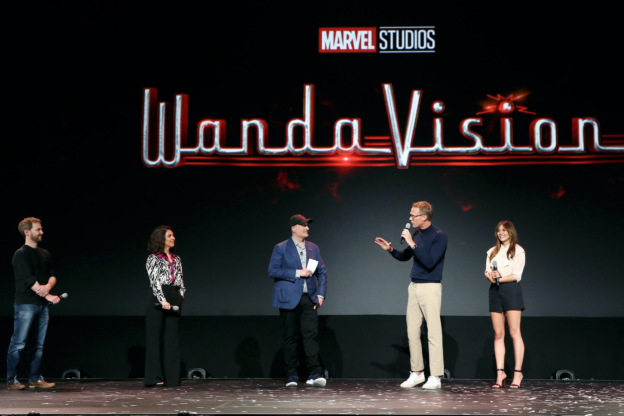 Matt Shakman and Jac Schaeffer, Kevin Feige, and Paul Bettany and Elizabeth Olsen