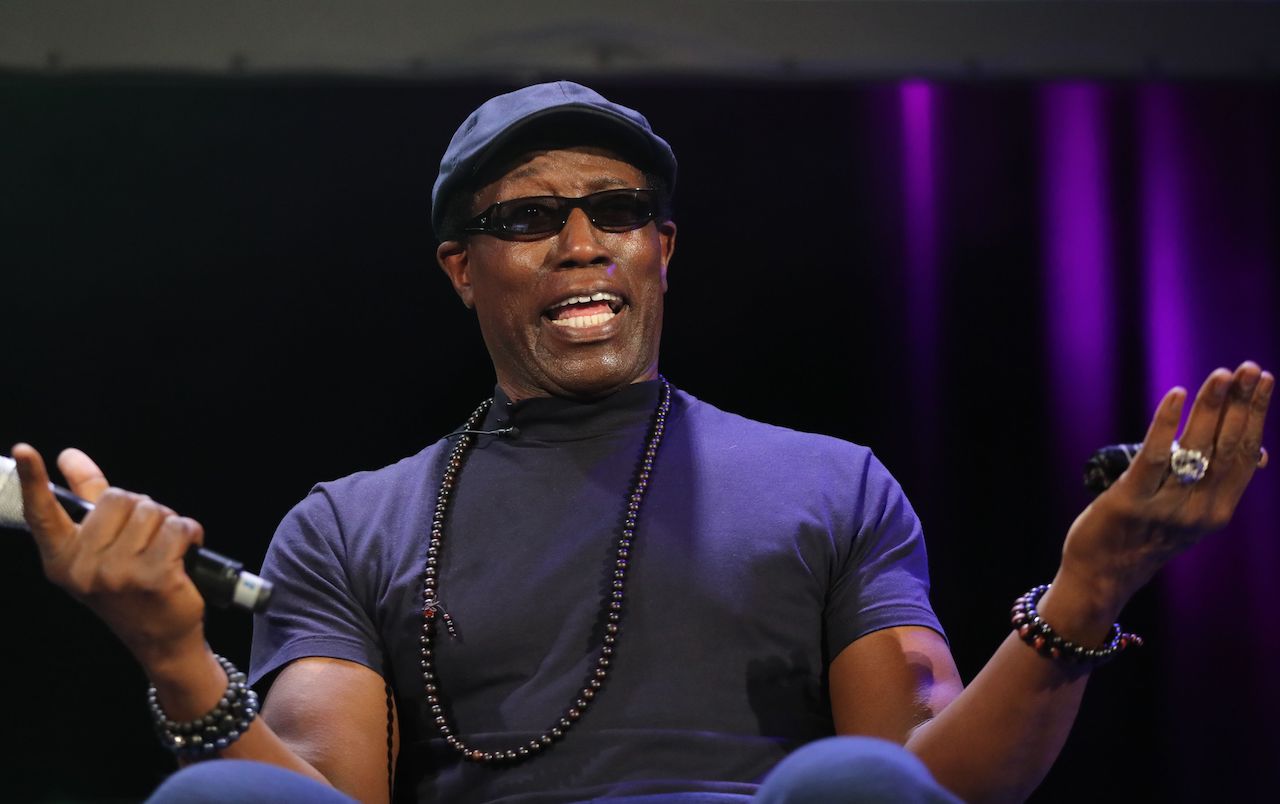Wesley Snipes gestures during a conference at the "MAGIC" (Monaco Anime Game International Conferences)