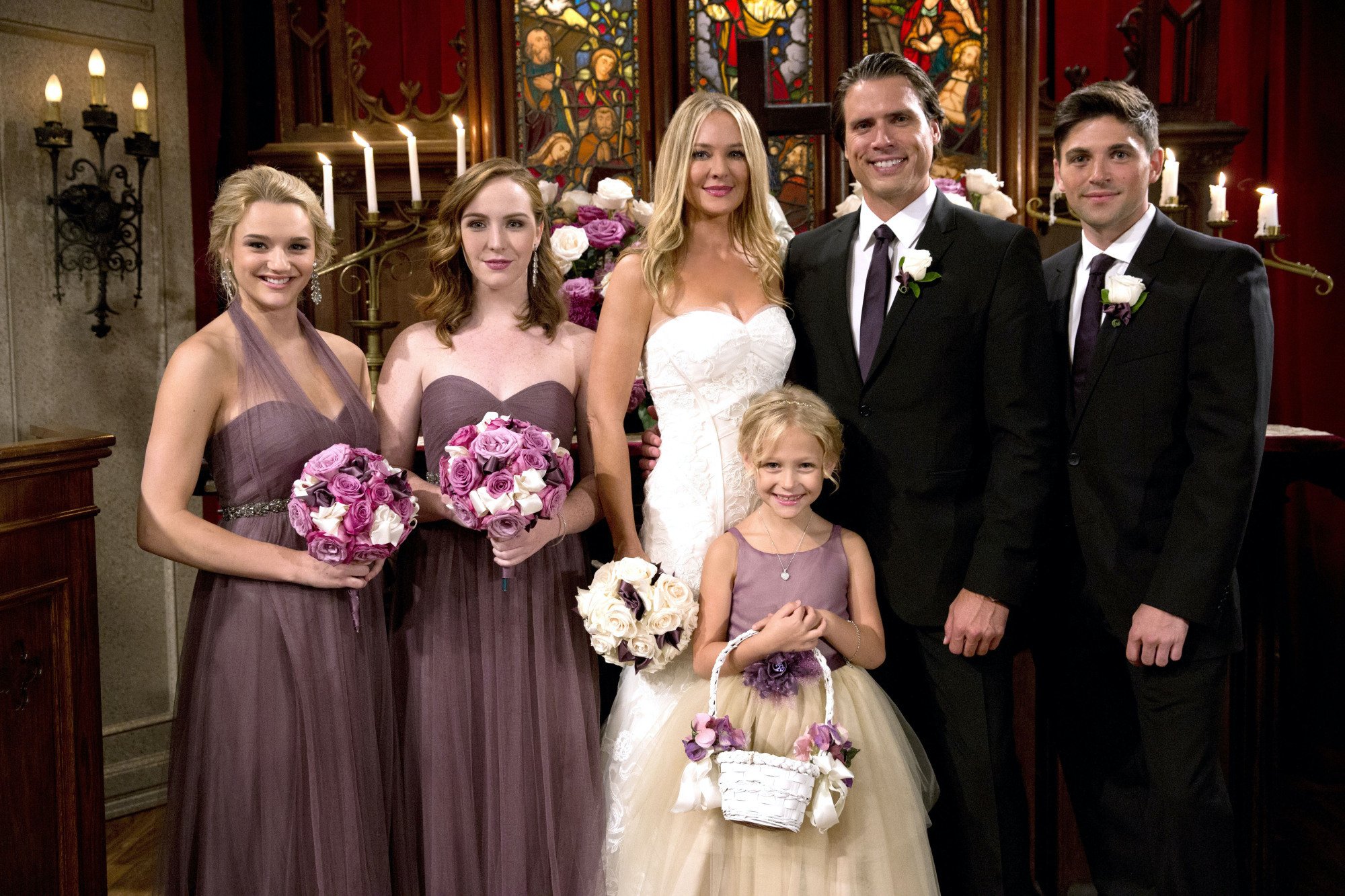 Hunter King, Camryn Grimes, Sharon Case, Alyvia Alyn Lind, Joshua Morrow, and Robert Adamson 