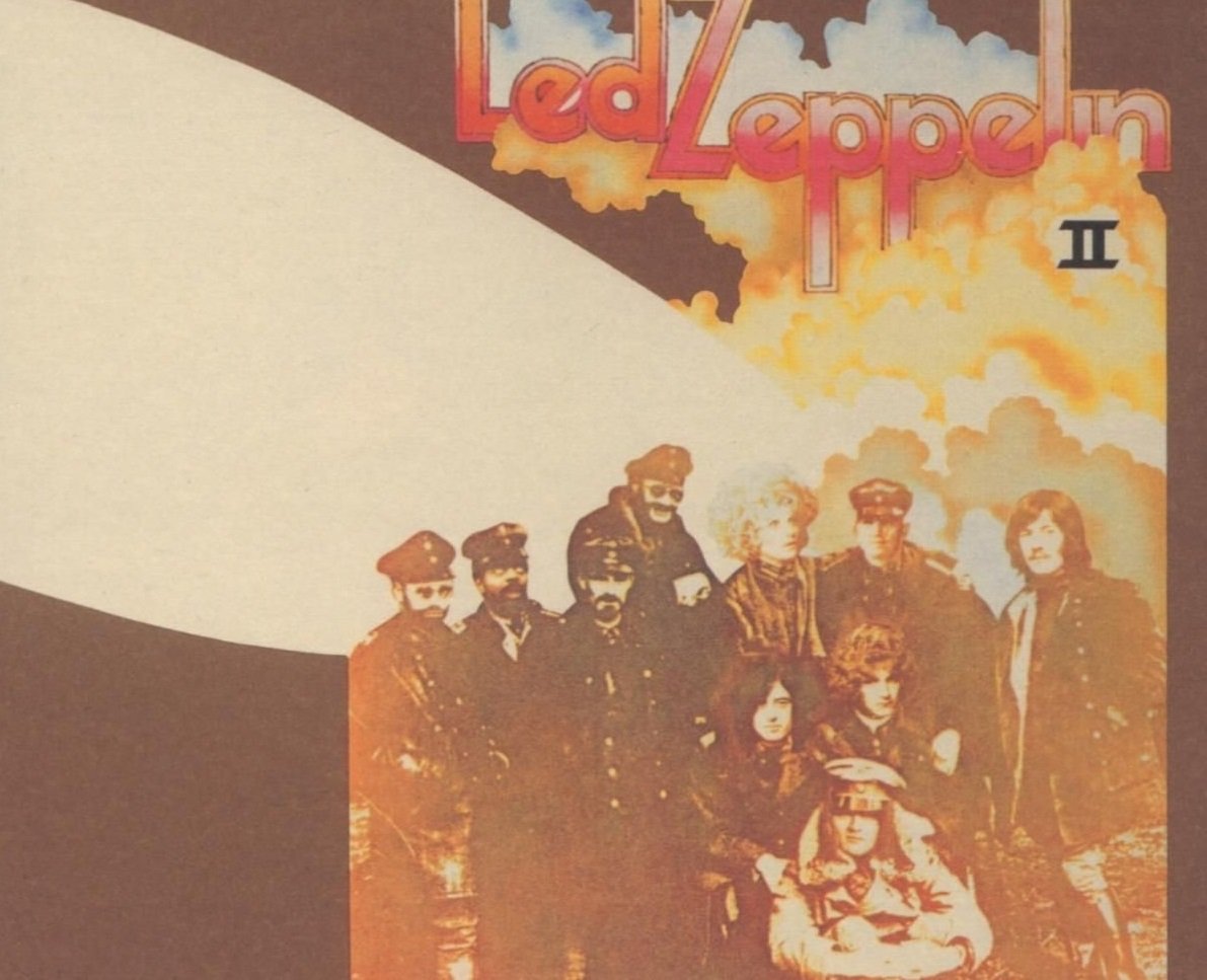 Detail of 'Led Zeppelin II' cover with World War I fighter pilots, band members, and other figures
