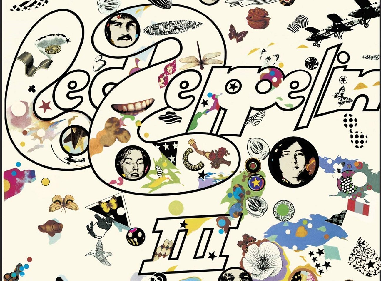 A close up of the collage on the cover of 'Led Zeppelin III'
