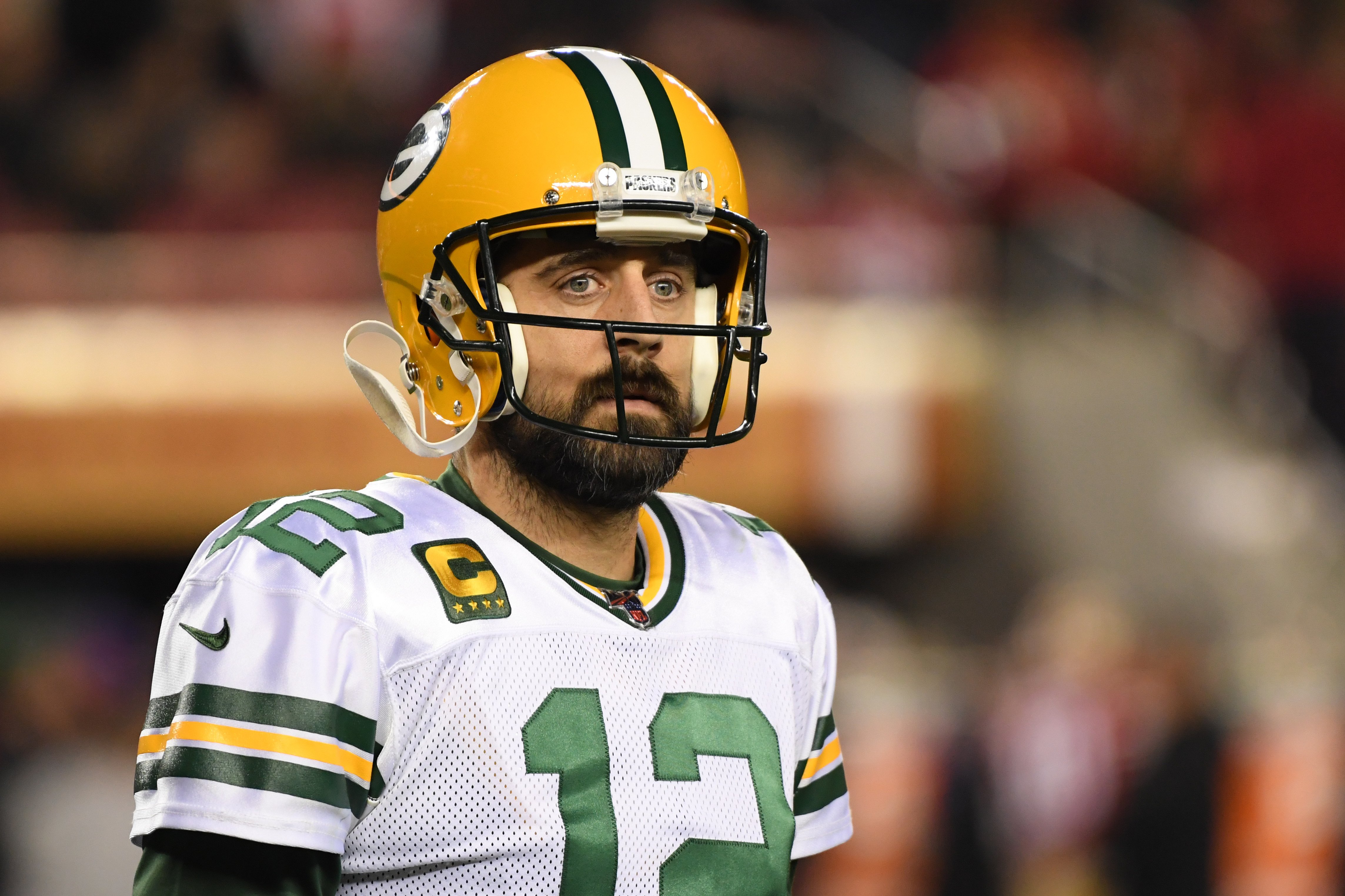 Aaron Rodgers #12 of the Green Bay Packers looks on against the San Francisco 49ers during the second half of the NFC Championship game at Levi's Stadium