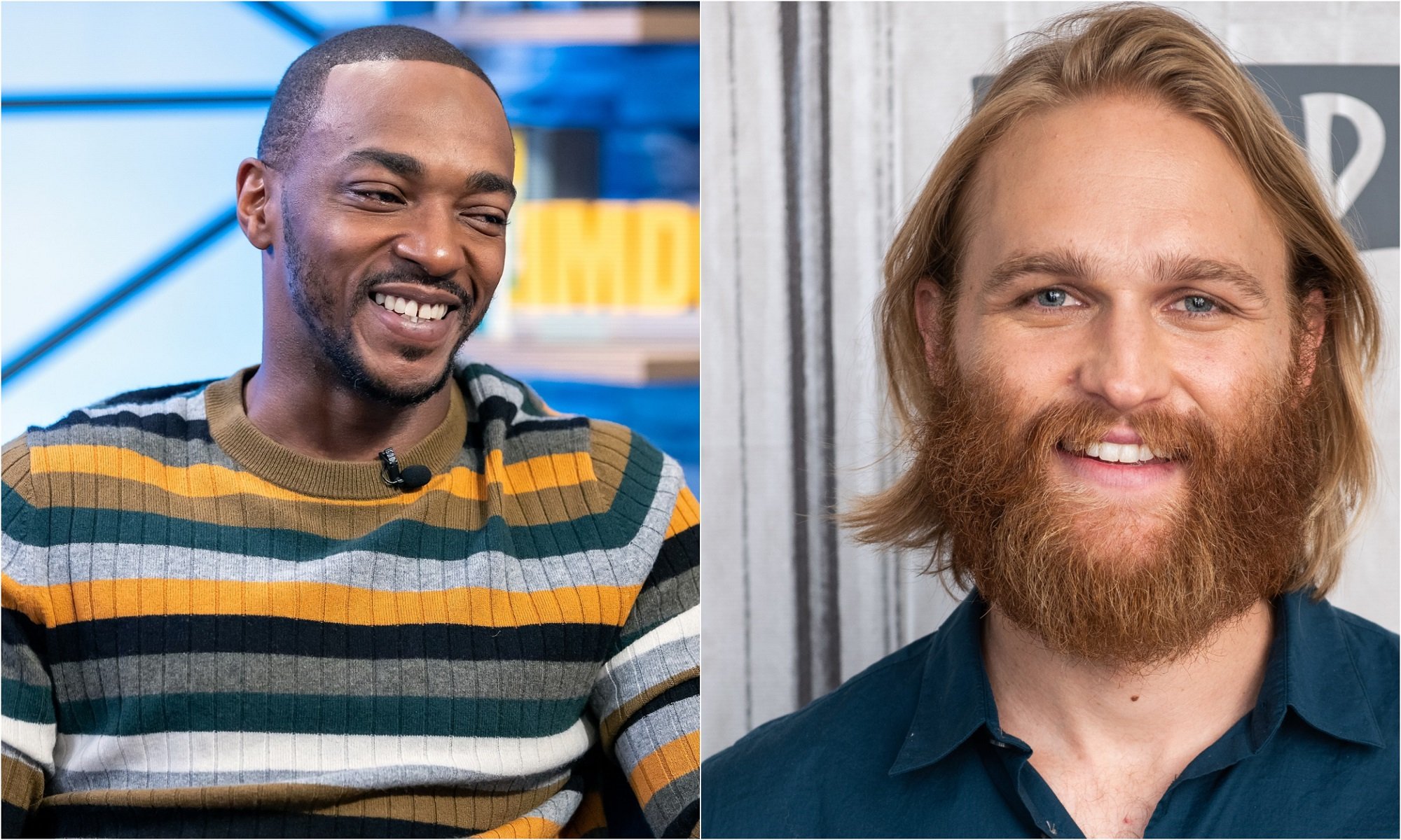 A joined photo of actor Anthony Mackie on 'The IMDb Show' in 2019 and Wyatt Russell at BUILD Studio in 2019