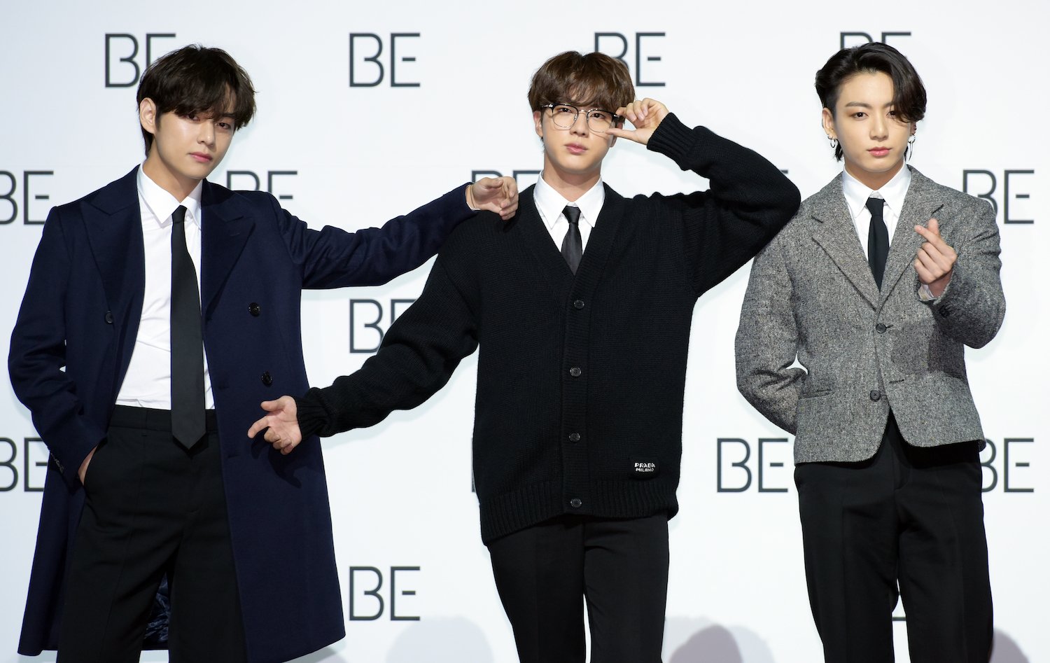 BTS Members V, Jin, and Jungkook during the press conference for BTS' album, 'Be (Deluxe Edition)'