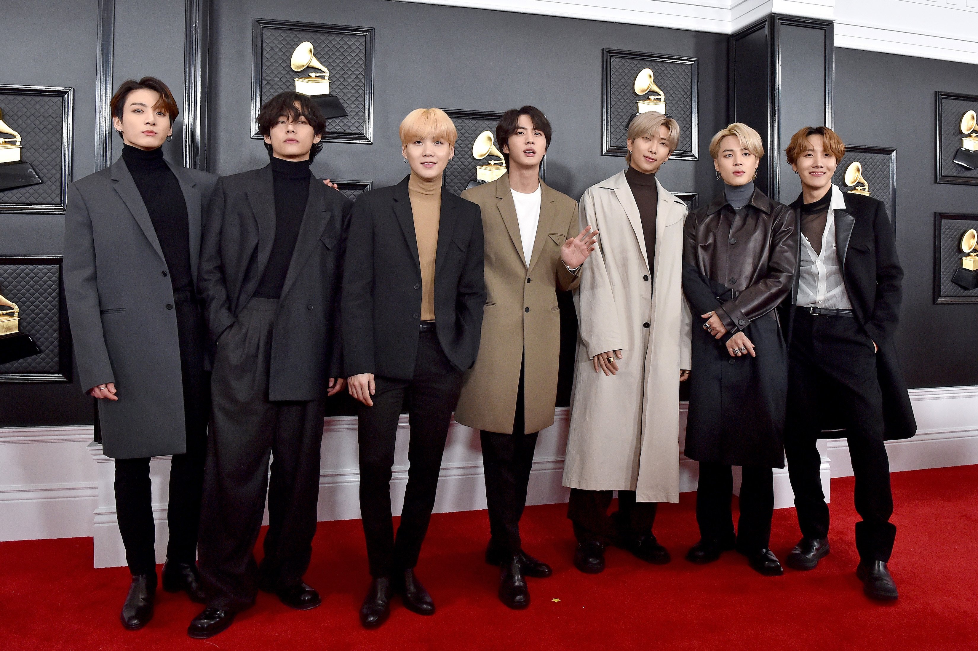 Jungkook, V, Suga, Jin, RM, Jimin, and J-Hope of music group BTS attend the 62nd Annual GRAMMY Awards