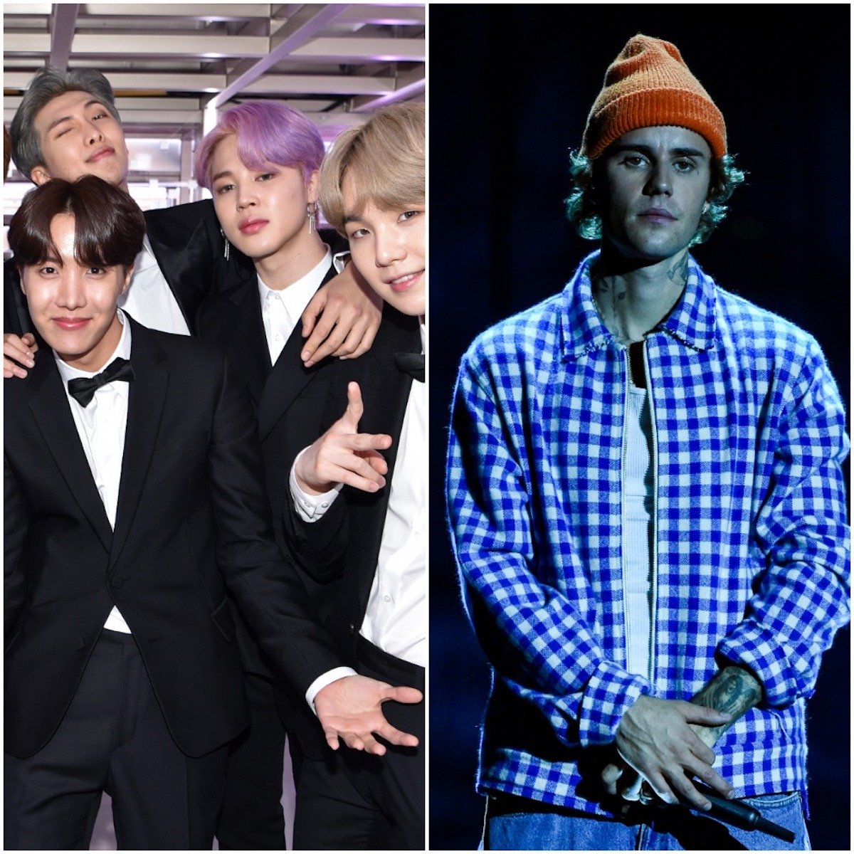 BTS poses and Justin Bieber performs on stage