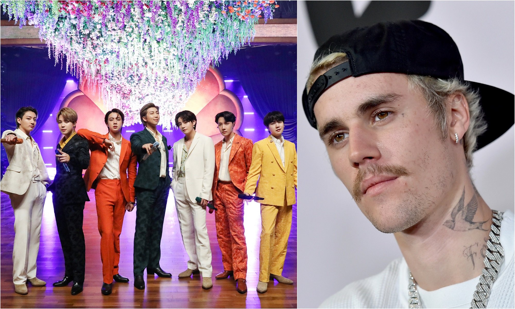 A joined photo of BTS at the 2021 Grammy Awards and Justin Bieber the Premiere of YouTube Original's 'Justin Bieber: Seasons'