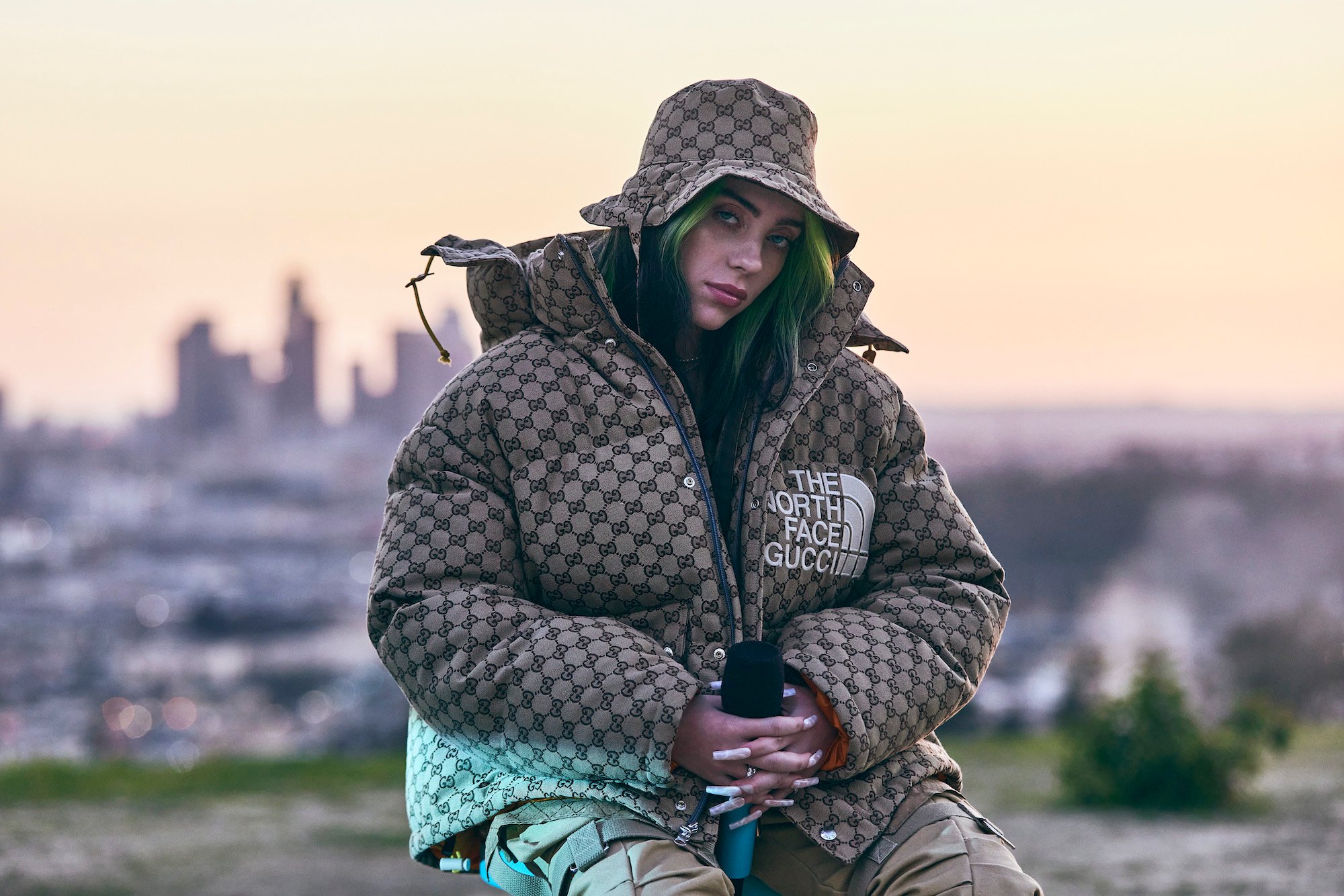 Billie Eilish in a Northface coat and hat