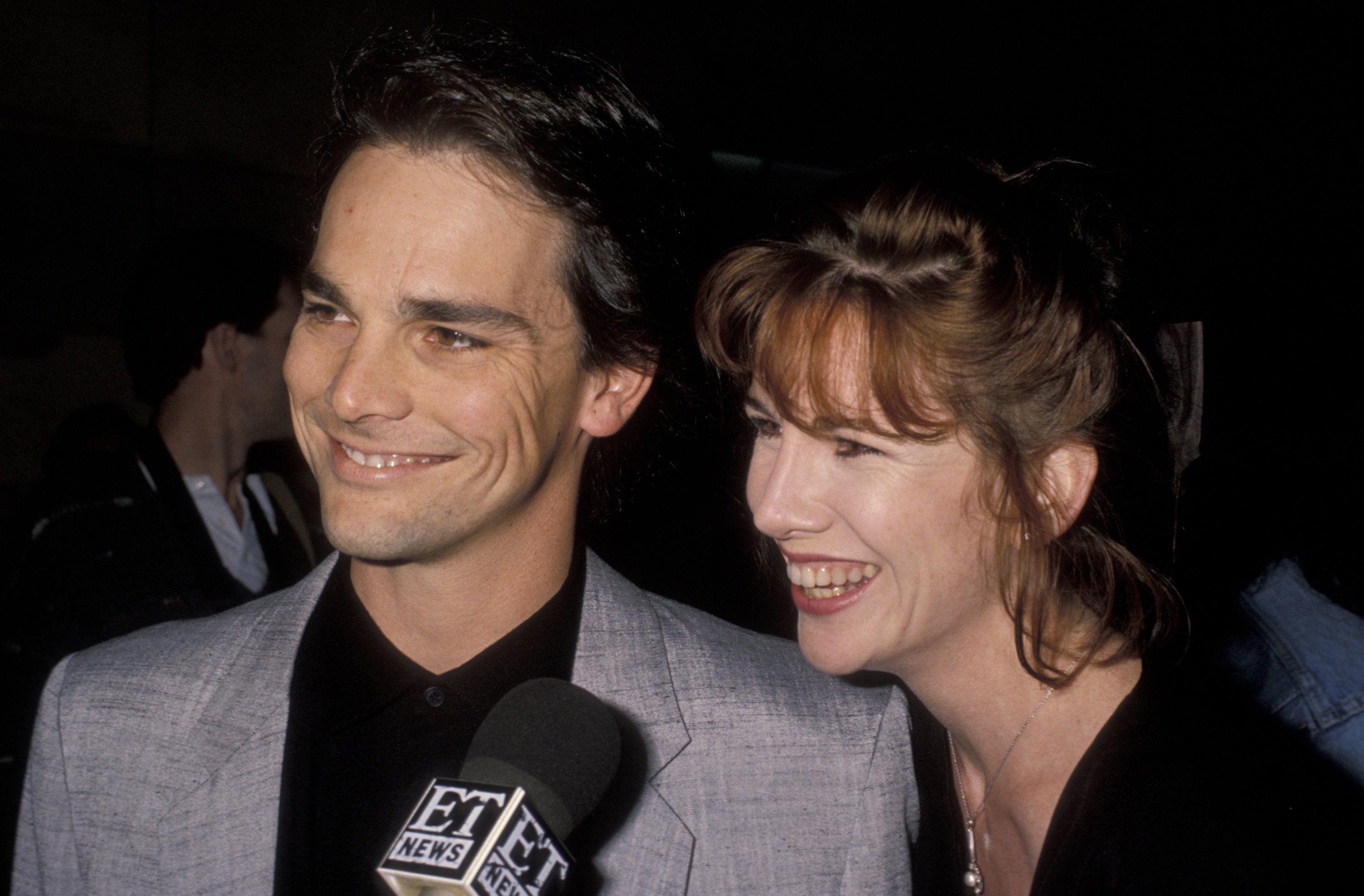 Bo Brinkman and Melissa Gilbert get interviewed by ET at the performance of "The Cocktail Hour" on April 19, 1990.