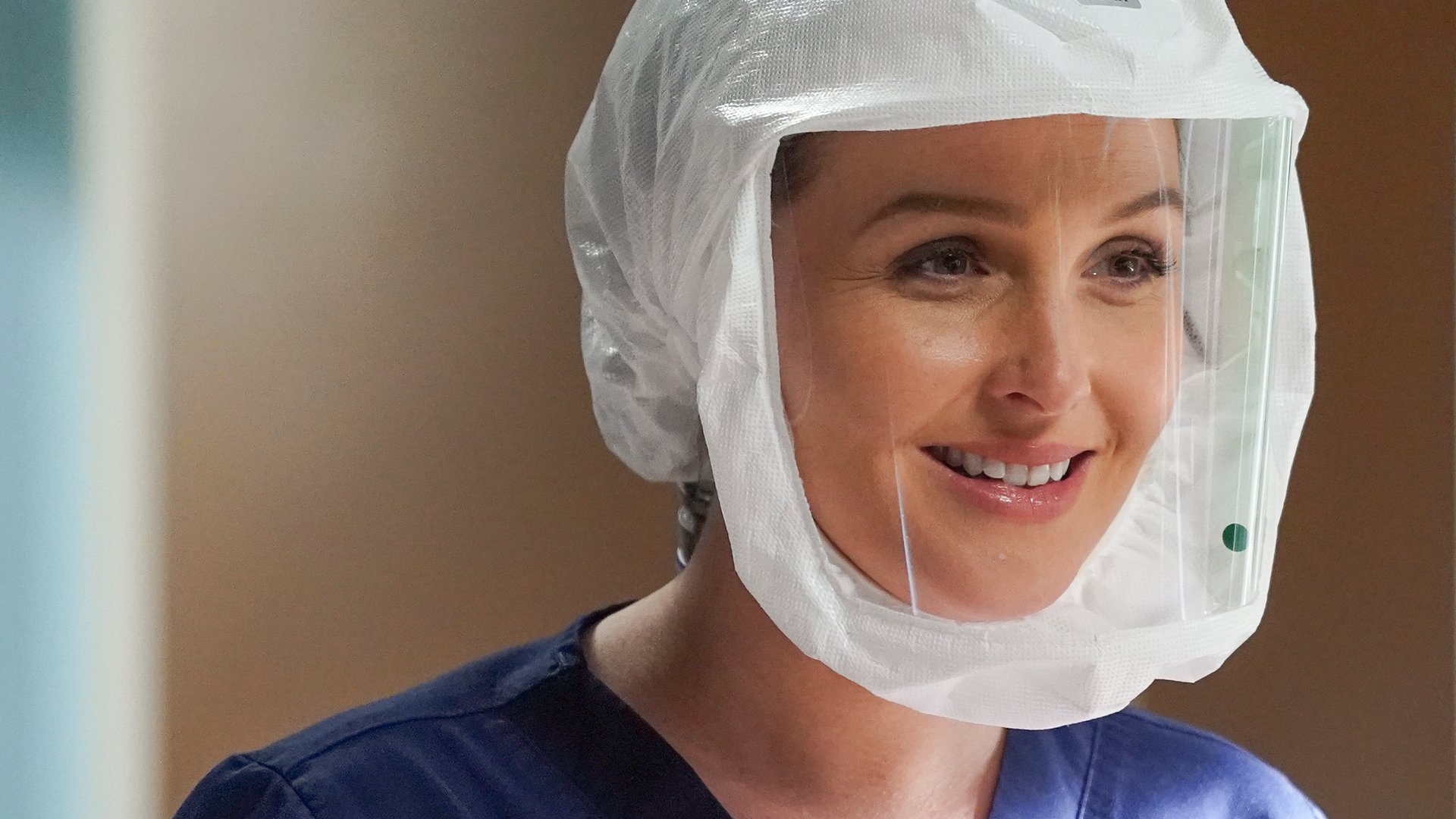 Camilla Luddington as Jo Wilson smiling in PPE in ‘Grey’s Anatomy’ Season 17