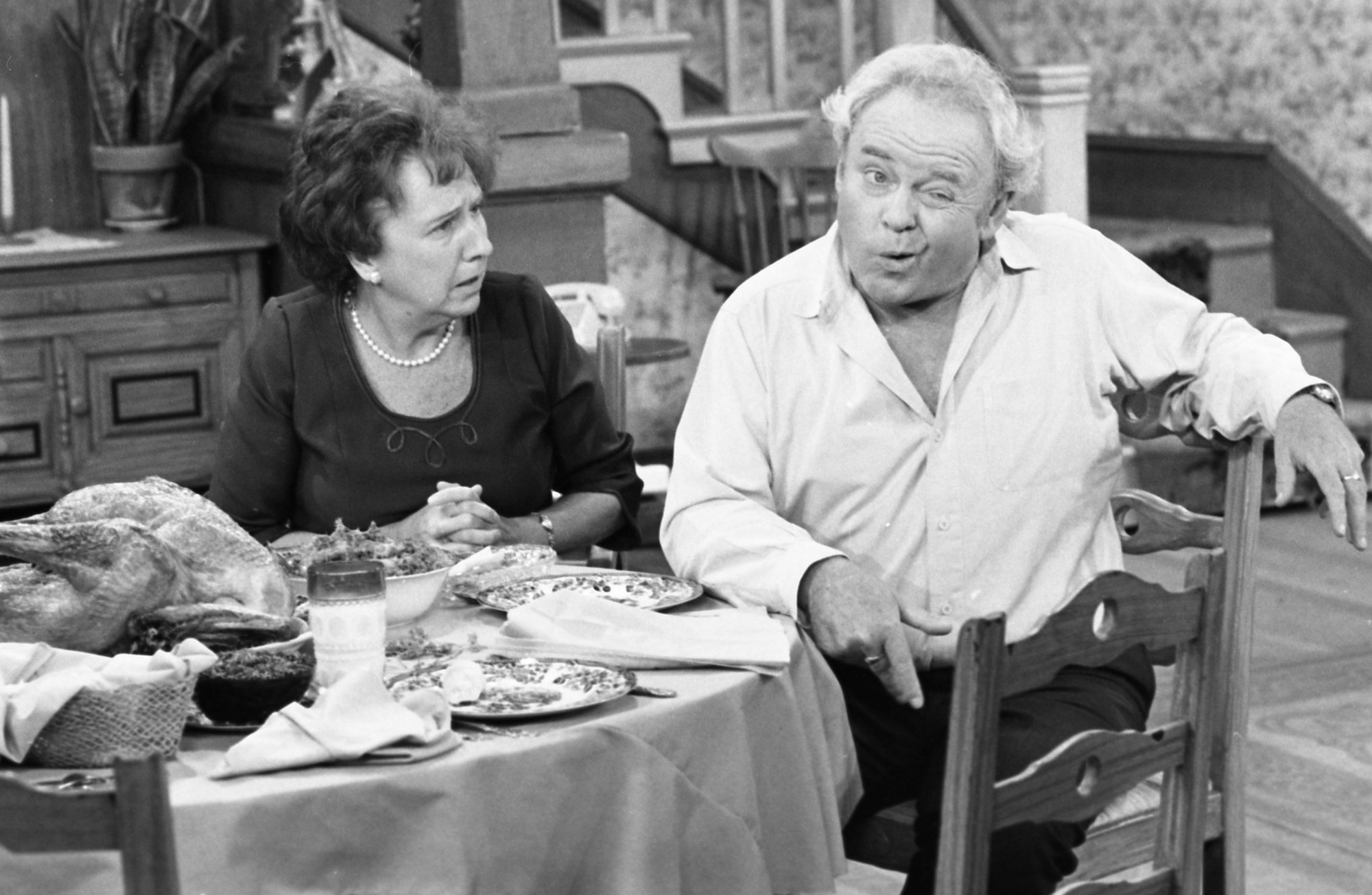 Carroll O'Connor and Jean Stapleton on the set of 'All in the Family' |