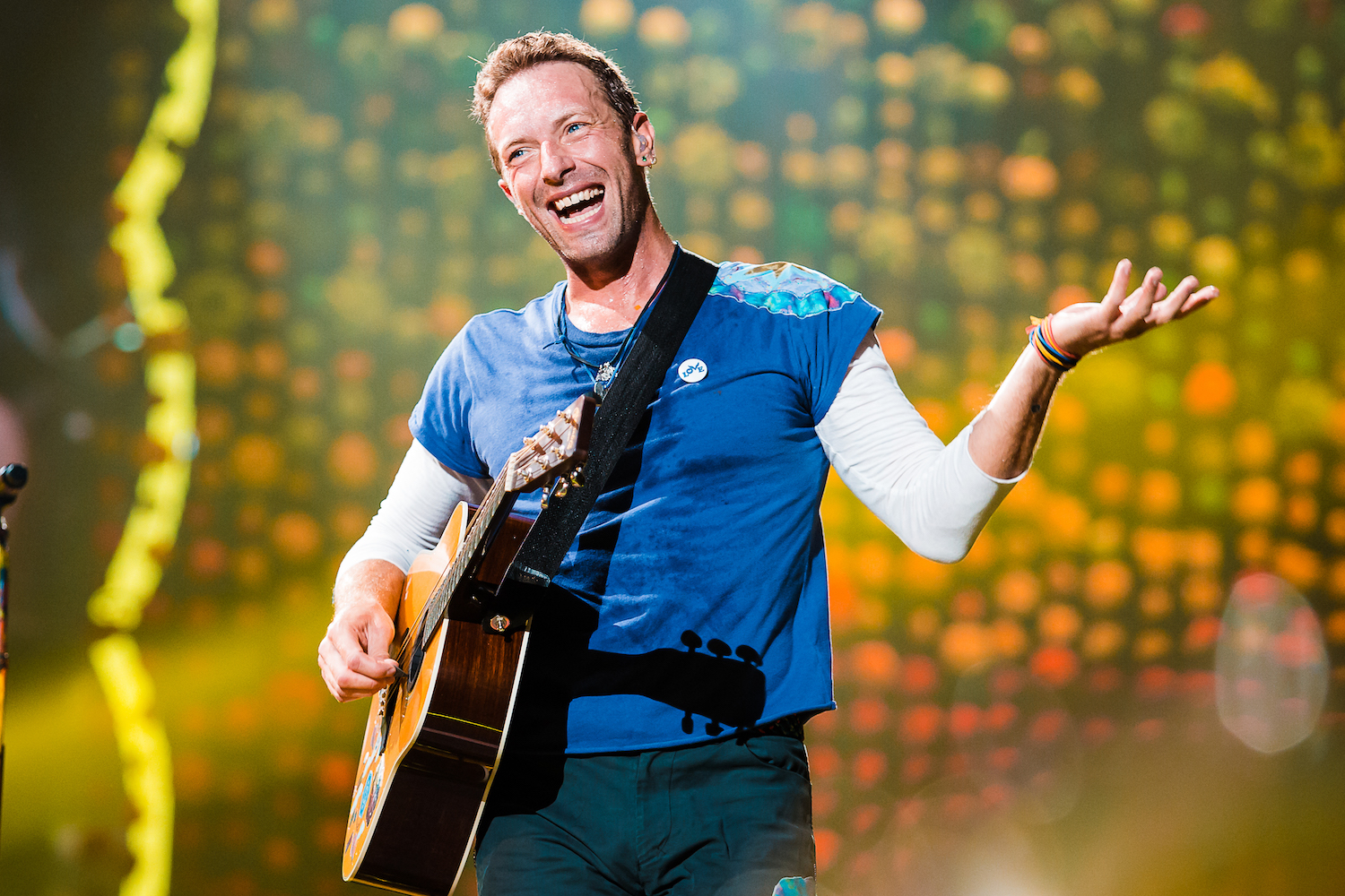 Chris Martin singer member of the band Coldplay performs live on stage