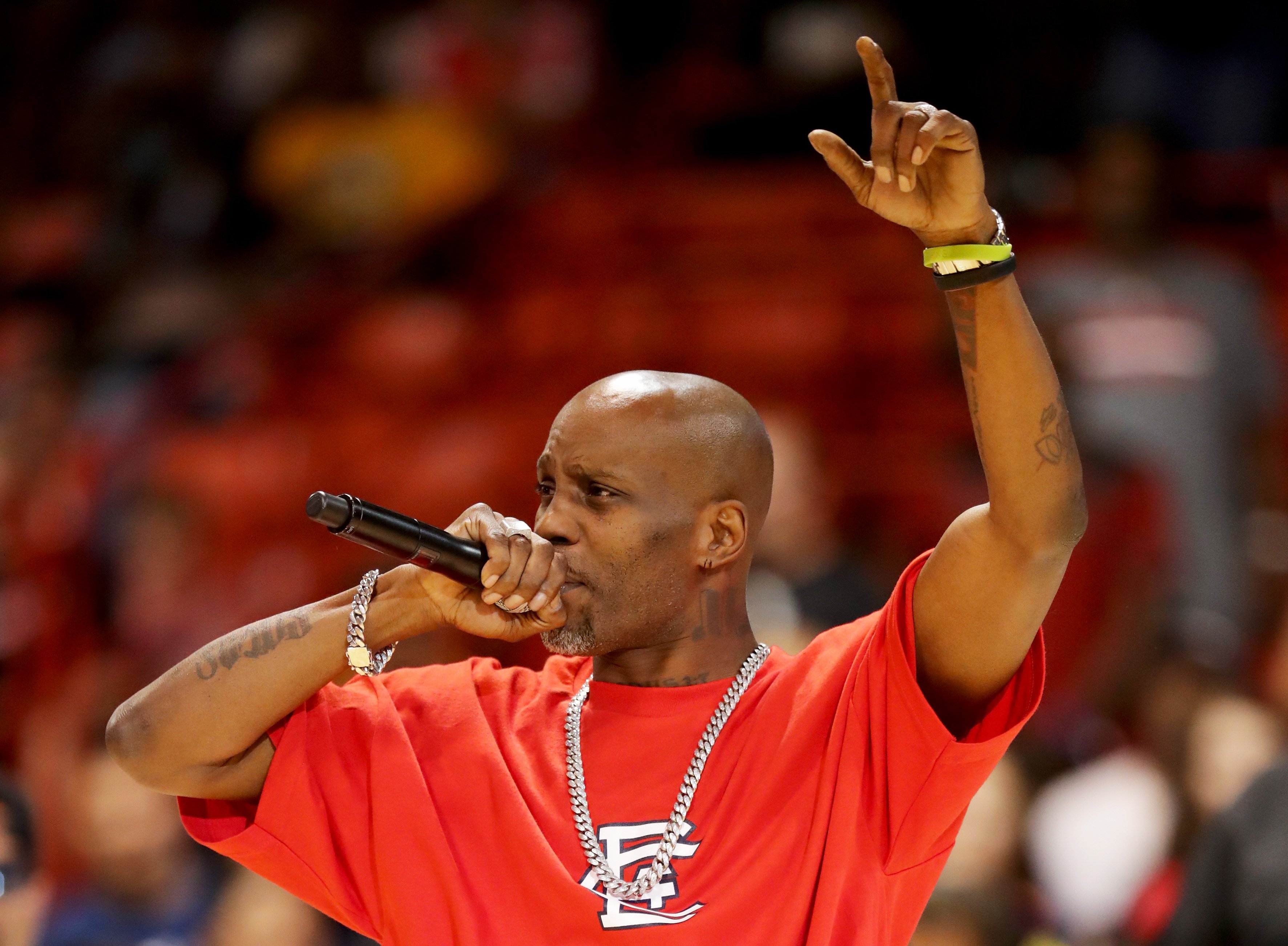 DMX rapping at a basketball game