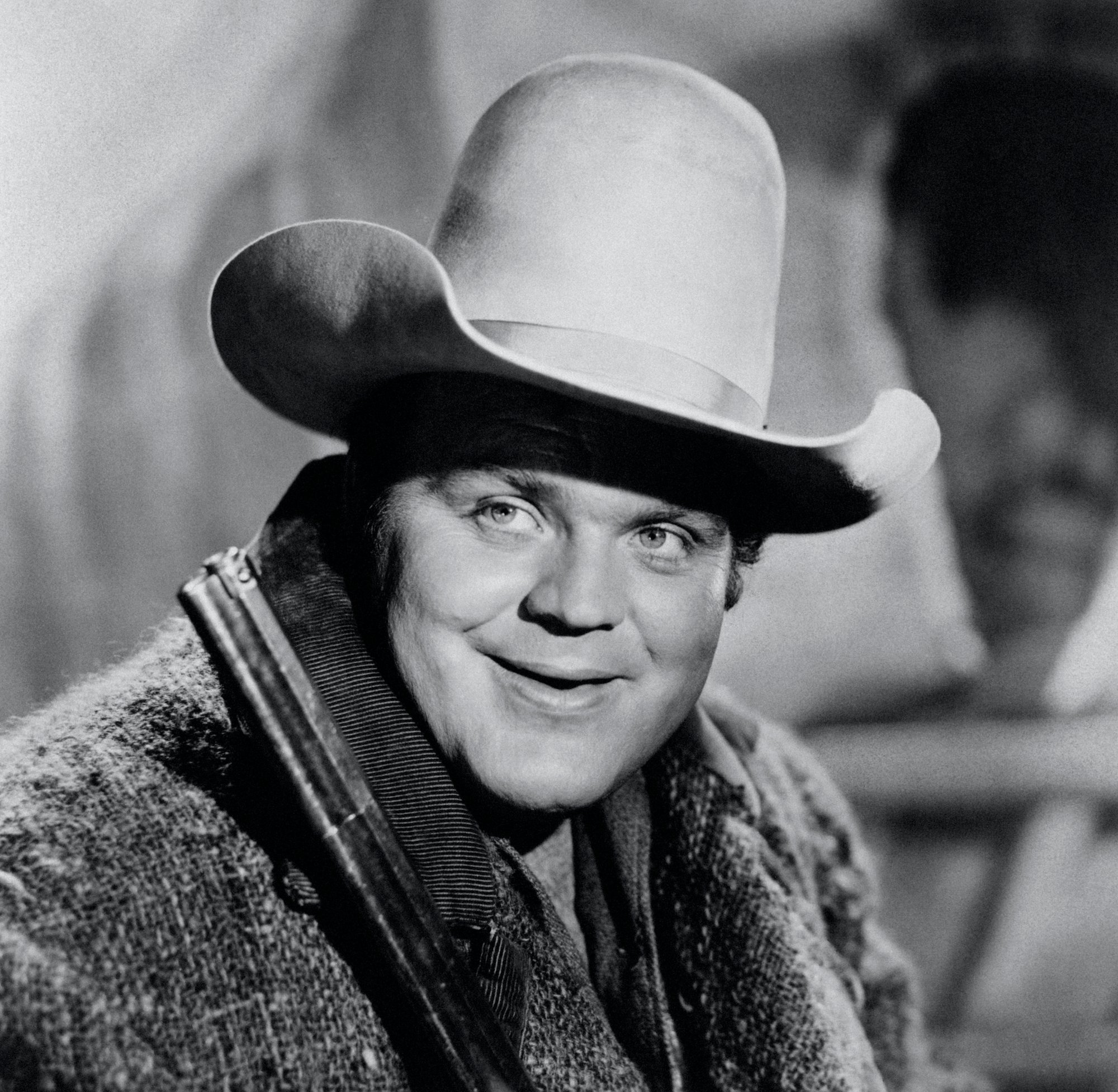 Dan Blocker wearing a cowboy hat, in black and white