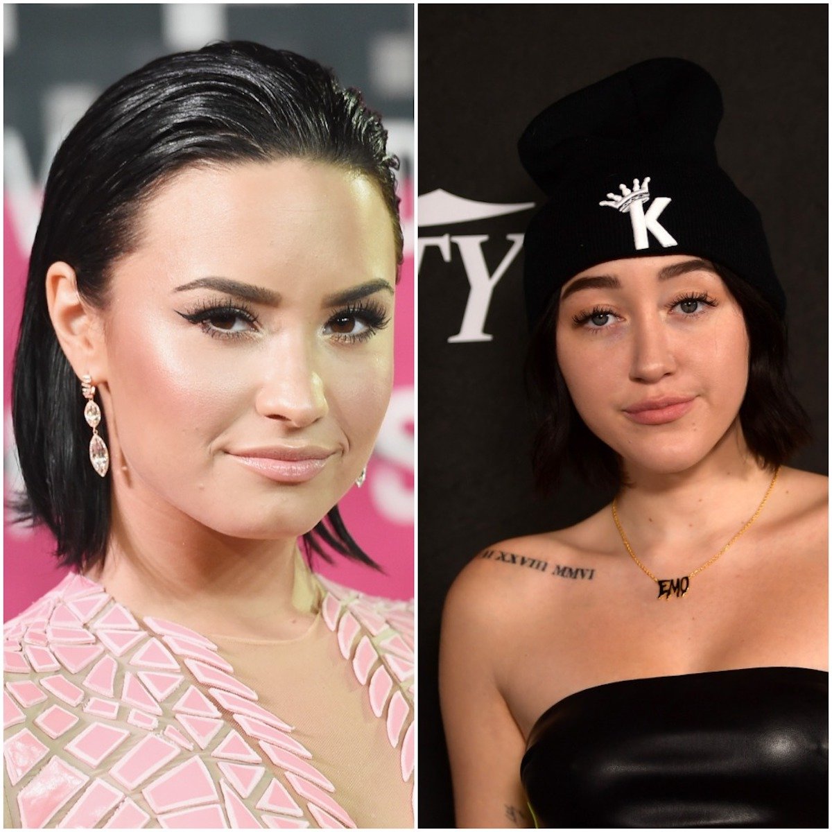 Demi Lovato with short black hair looking into the camera and Noah Cyrus posing with the hat