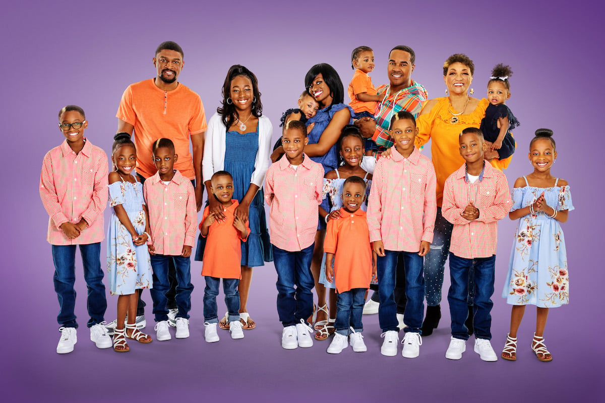 Group photo of the Derrico family from Doubling Down with the Derricos on a purple background 