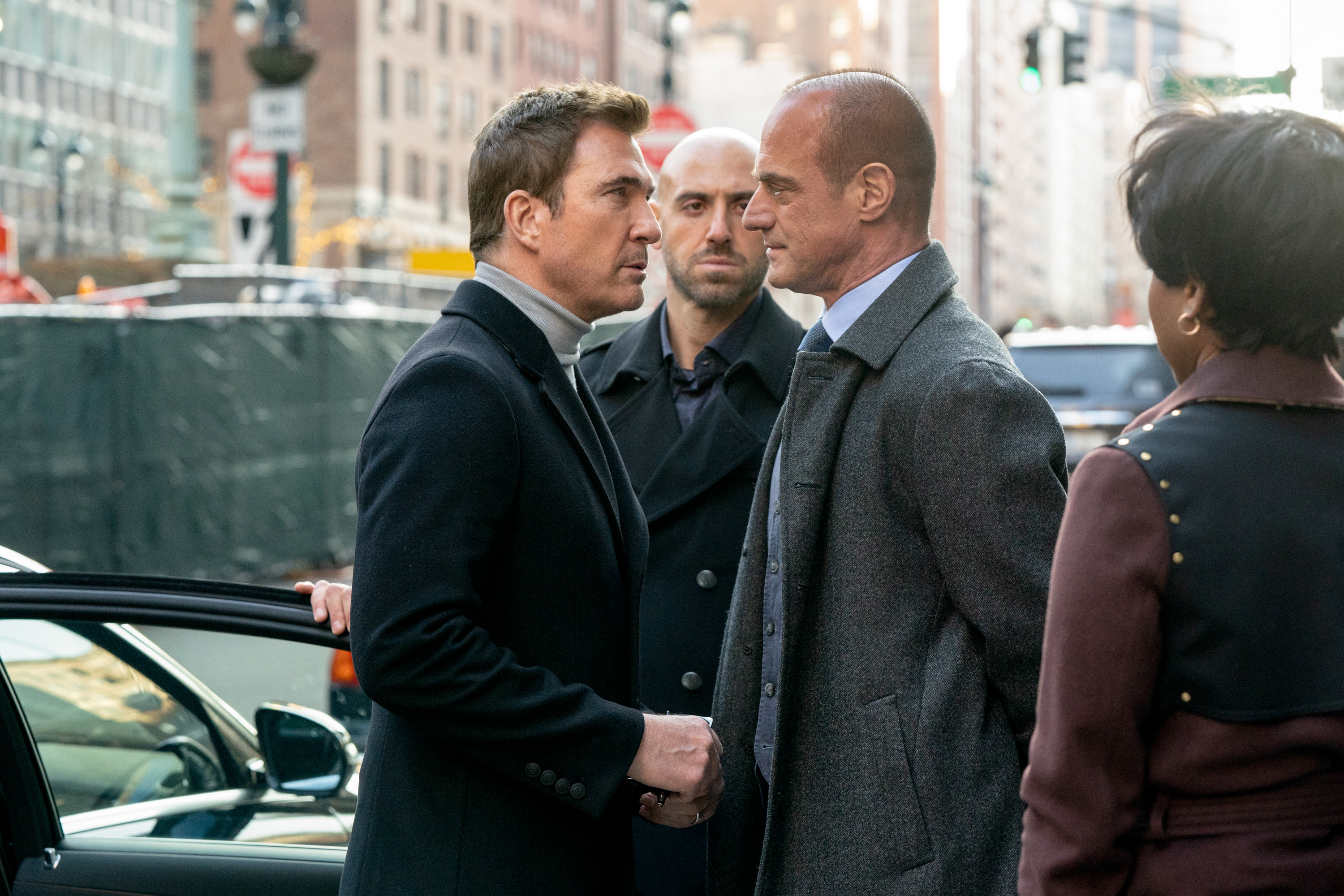 Dylan McDermott as Richard Wheatley and Christopher Meloni as Detective Elliot Stabler, on 'Law & Order: Organized Crime | Virginia Sherwood/NBC/NBCU Photo Bank via Getty Images