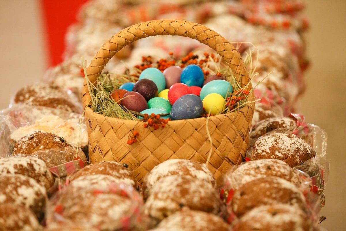 Easter cakes and eggs on display at the Resurrection Church on the Uspensky Vrazhek in the city centre