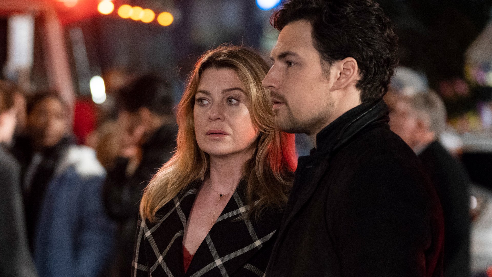 Ellen Pompeo as Meredith Grey and Giacomo Gianniotti as Andrew DeLuca looking confused in ‘Grey’s Anatomy’