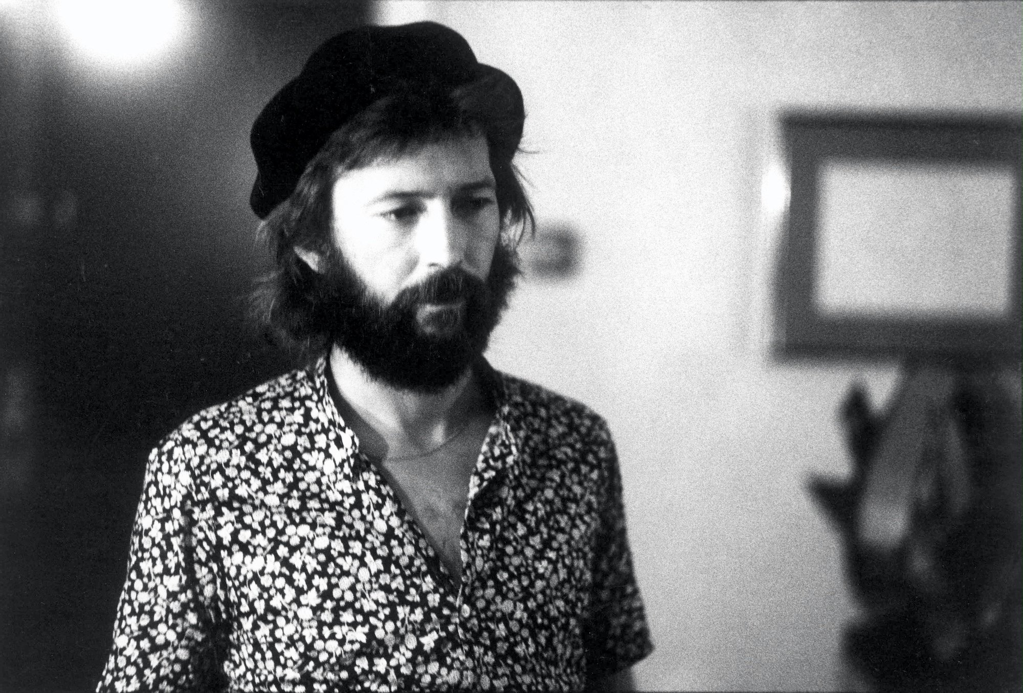 Eric Clapton looking to the right, in black and white