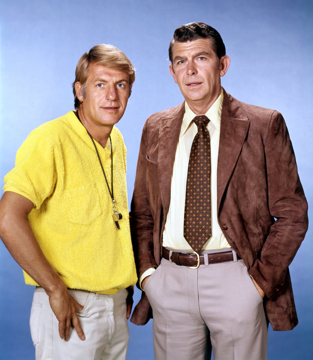 Actors Jerry Van Dyke and Andy Griffith pose for a publicity photo for their series, 'Headmaster,'  1970