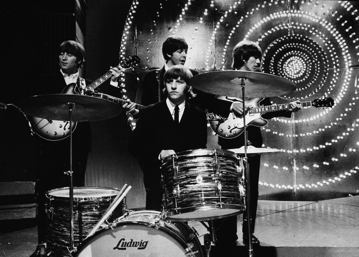 The Beatles left to right: John Lennon, Paul McCartney, Ringo Starr on drums, and George Harrison in 1966