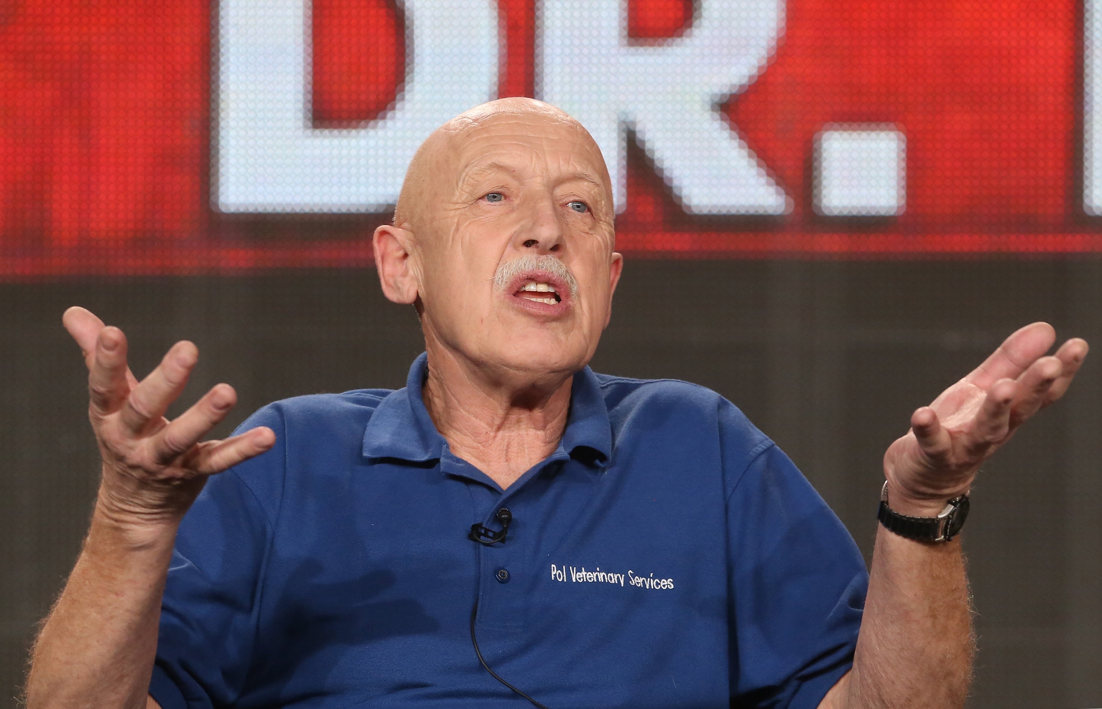 Dr. Jan Pol of Nat Geo Wild's 'The Incredible Dr. Pol' gestures with his hands while speaking , 2015