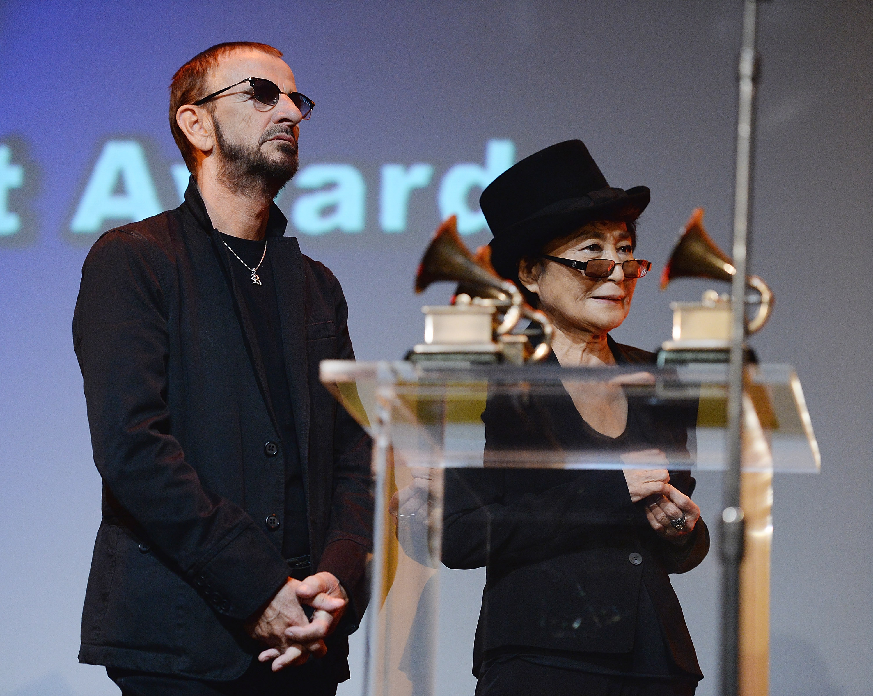 Ringo Starr and Yoko Ono onstage at the 2014 Grammy Awards