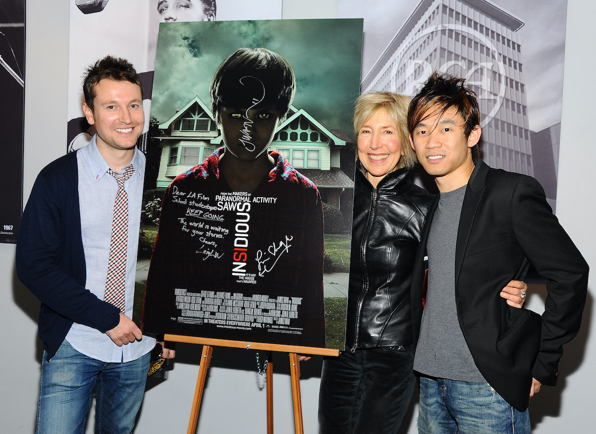 Writer/actor Leigh Whannell and Lin Shaye with 'Insidious' and 'The Conjuring' director James Wan