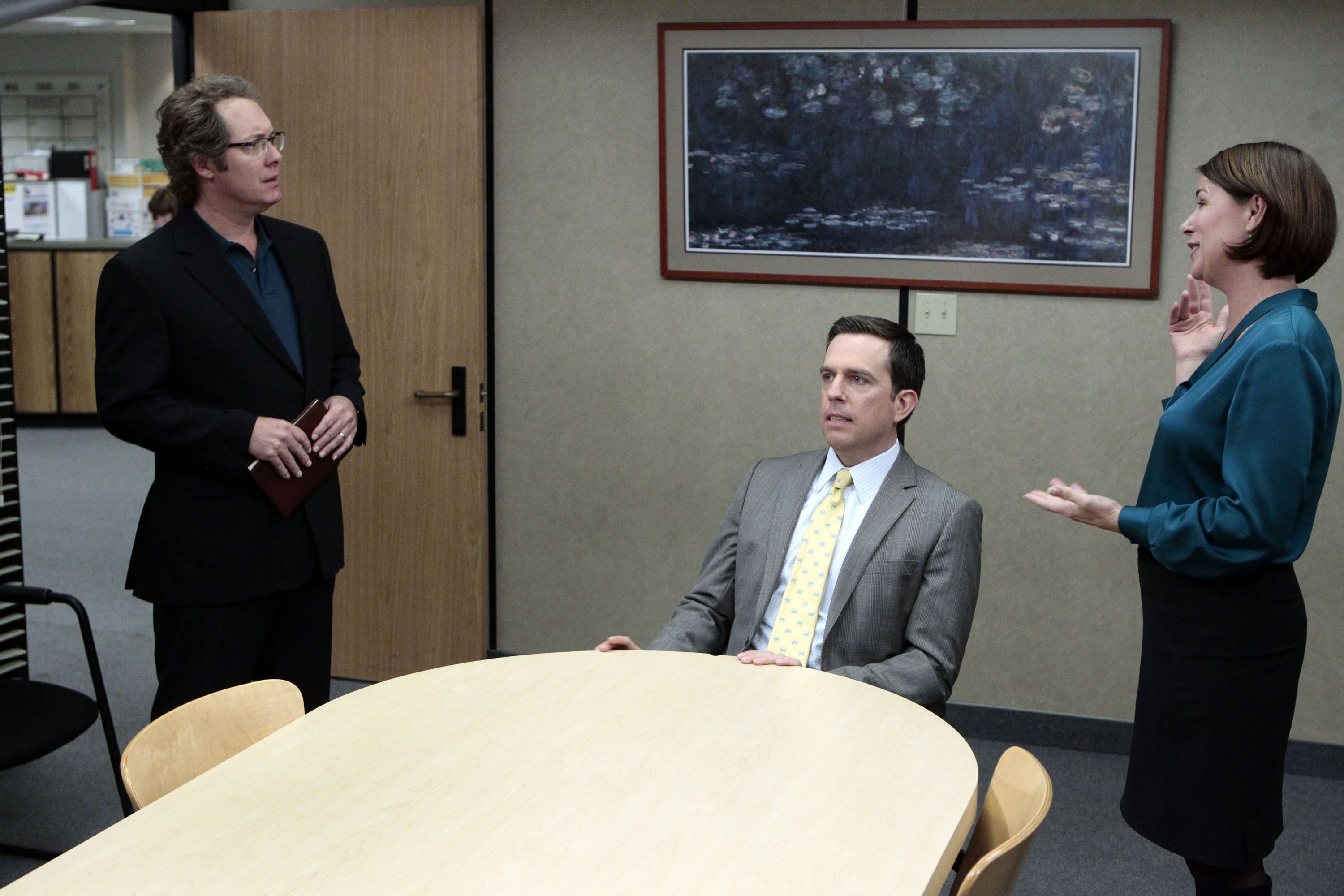James Spader as Robert California, Ed Helms as Andy Bernard, Maura Tierney as Susan California in episode 809 of The Office
