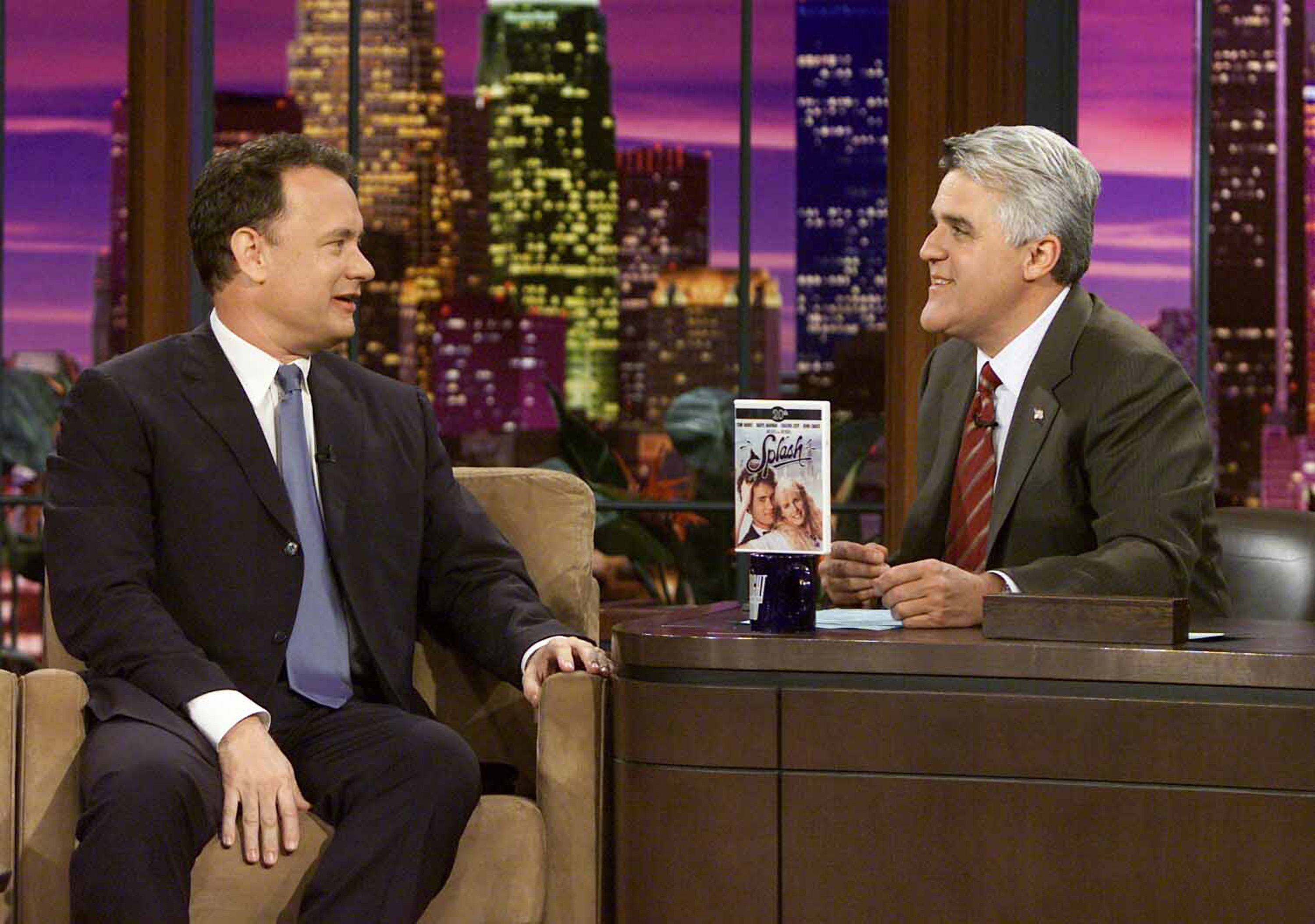 Jay Leno shows Tom Hanks a Splash DVD