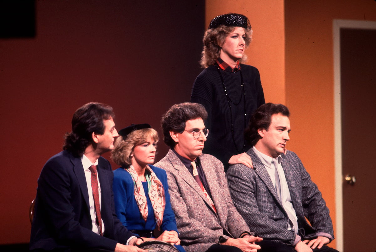Joe Flaherty, Deborah McGrath, Harold Ramis, Betty Thomas, and Jim Belushi at the Second City 25th Anniversary Concert in 1979