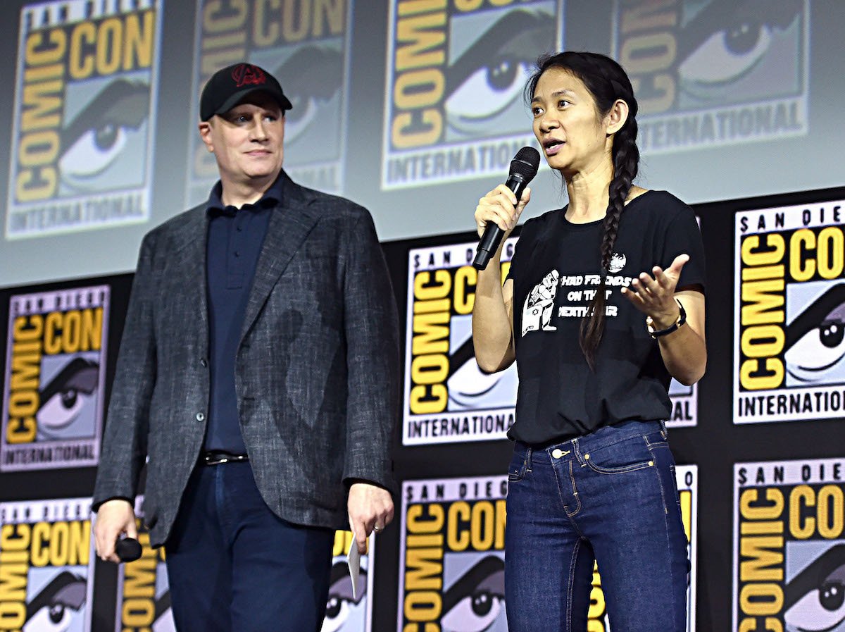 President of Marvel Studios Kevin Feige and director Chloe Zhao of 'Eternals' at the 2019 San Diego Comic-Con International