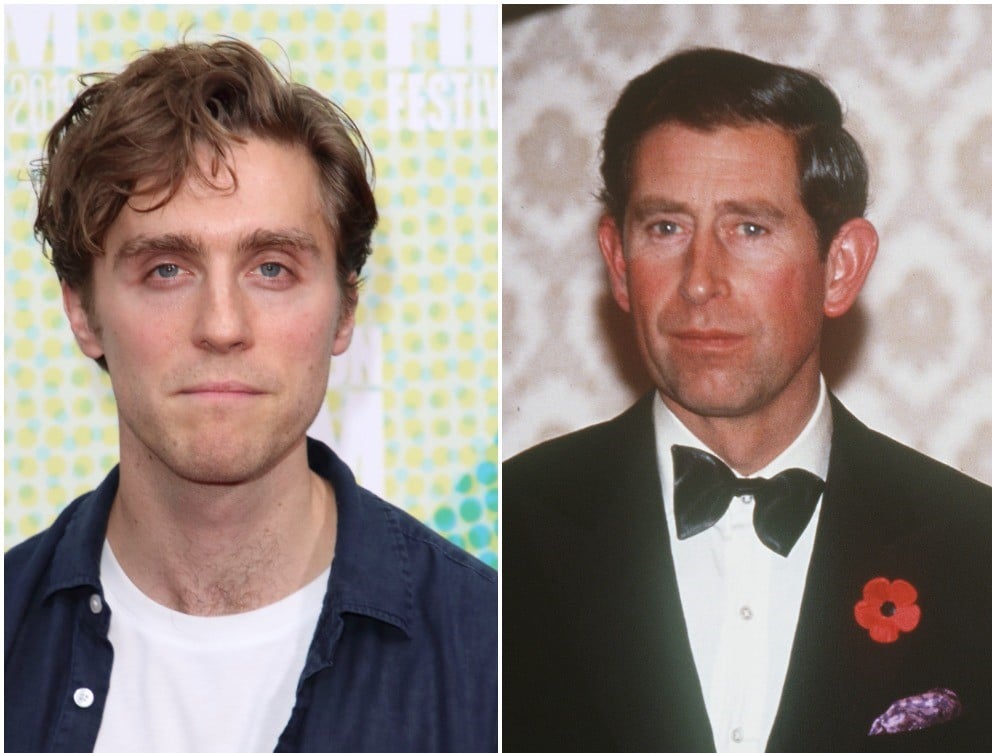 (L) Actor Jack Farthing dressed casually at the premiere in London, (R) Prince Charles wearing a tuxedo at a banquet in 1992