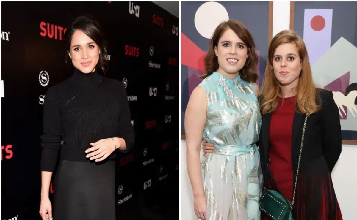(L): Meghan Markle on red carpet at premiere, (R): Sisters Princess Eugenie and Princess Beatrice at an art exhibit