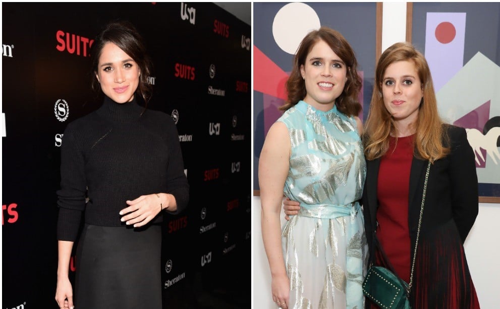 (L) Meghan Markle on red carpet at premiere, (R) Sisters Princess Eugenie and Princess Beatrice posing together at an art exhibit