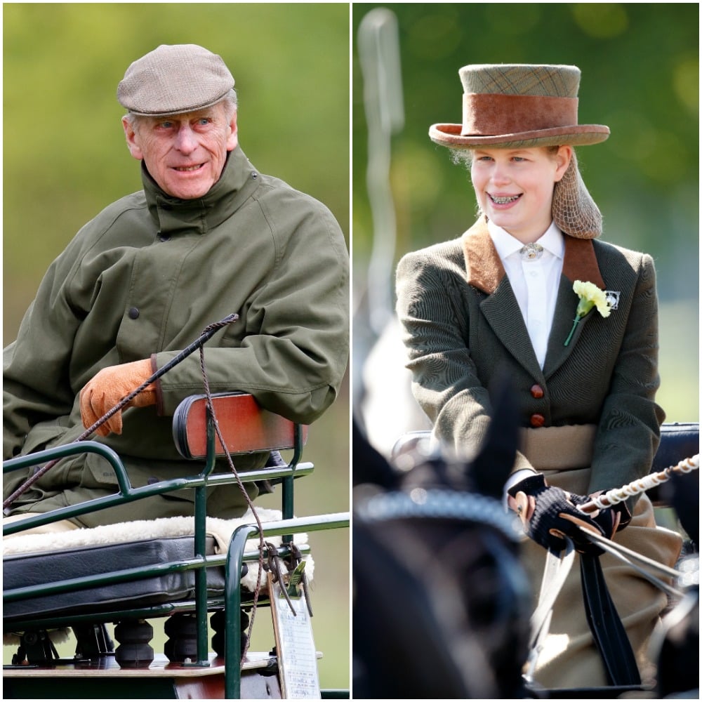 (L) Prince Philip sitting in carriage before competition, (R) Lady Louise Windsor sitting carriage and taking part in event