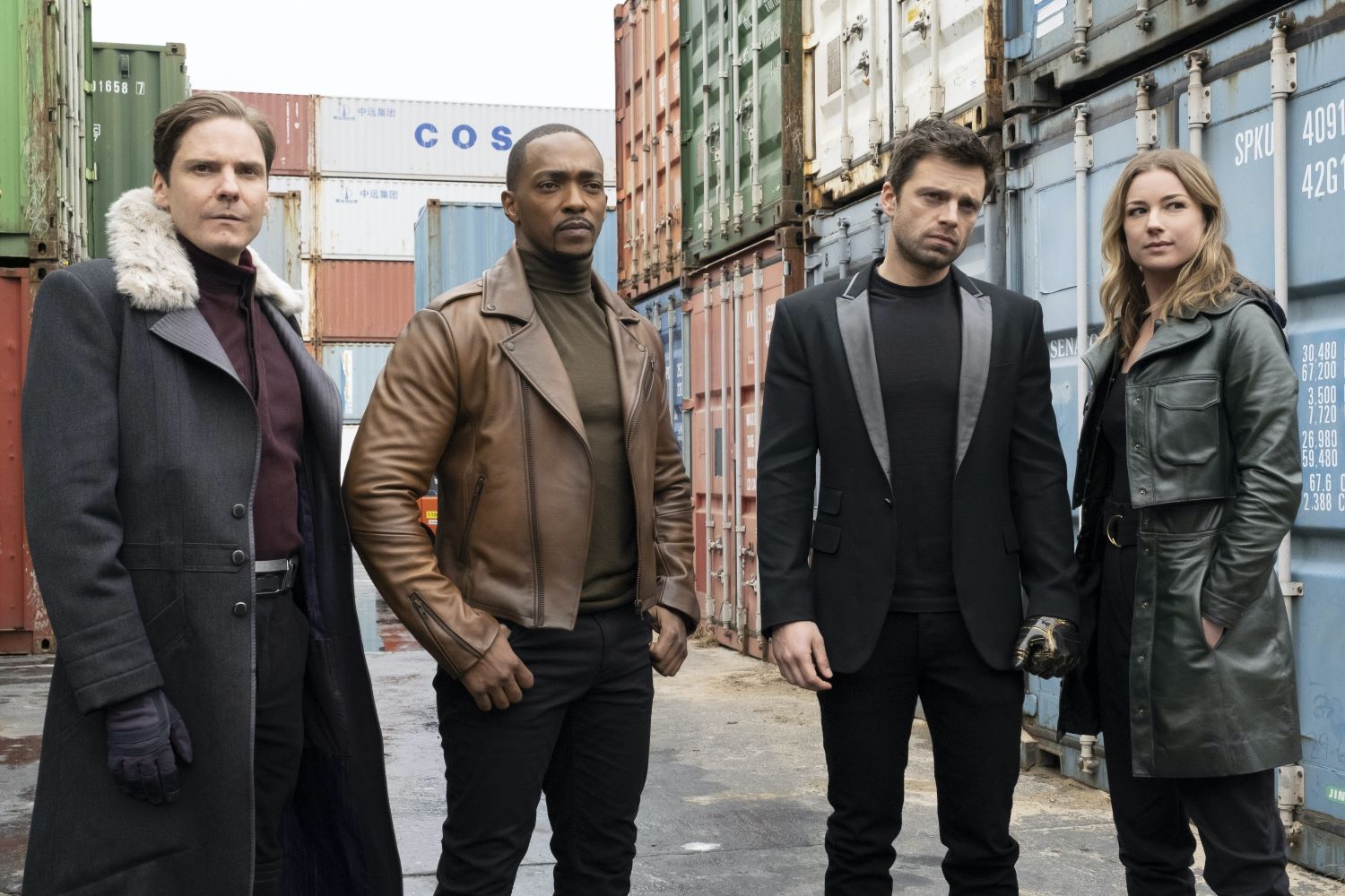 L-R Daniel Bruhl, Anthony Mackie, Sebastian Stan, and Emily VanCamp in 'The Falcon and the Winter Soldier'