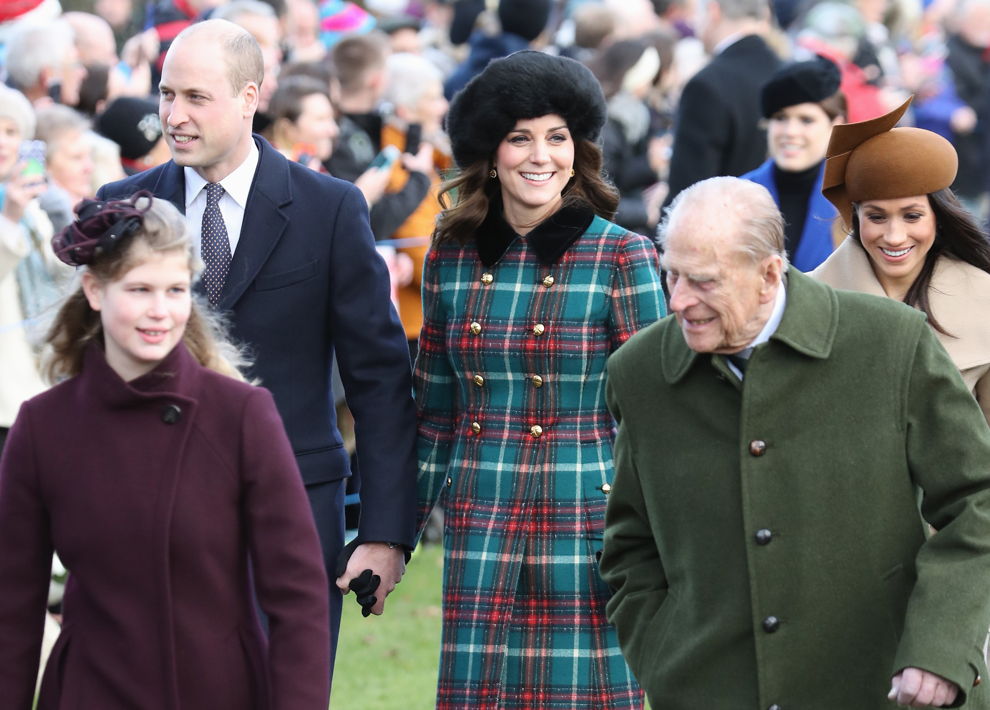 (L-R) Lady Louise Windsor, Prince William, Prince Philip, Kate Middleton, and Meghan Markle walking to attend Christmas Day church service at Sandringham