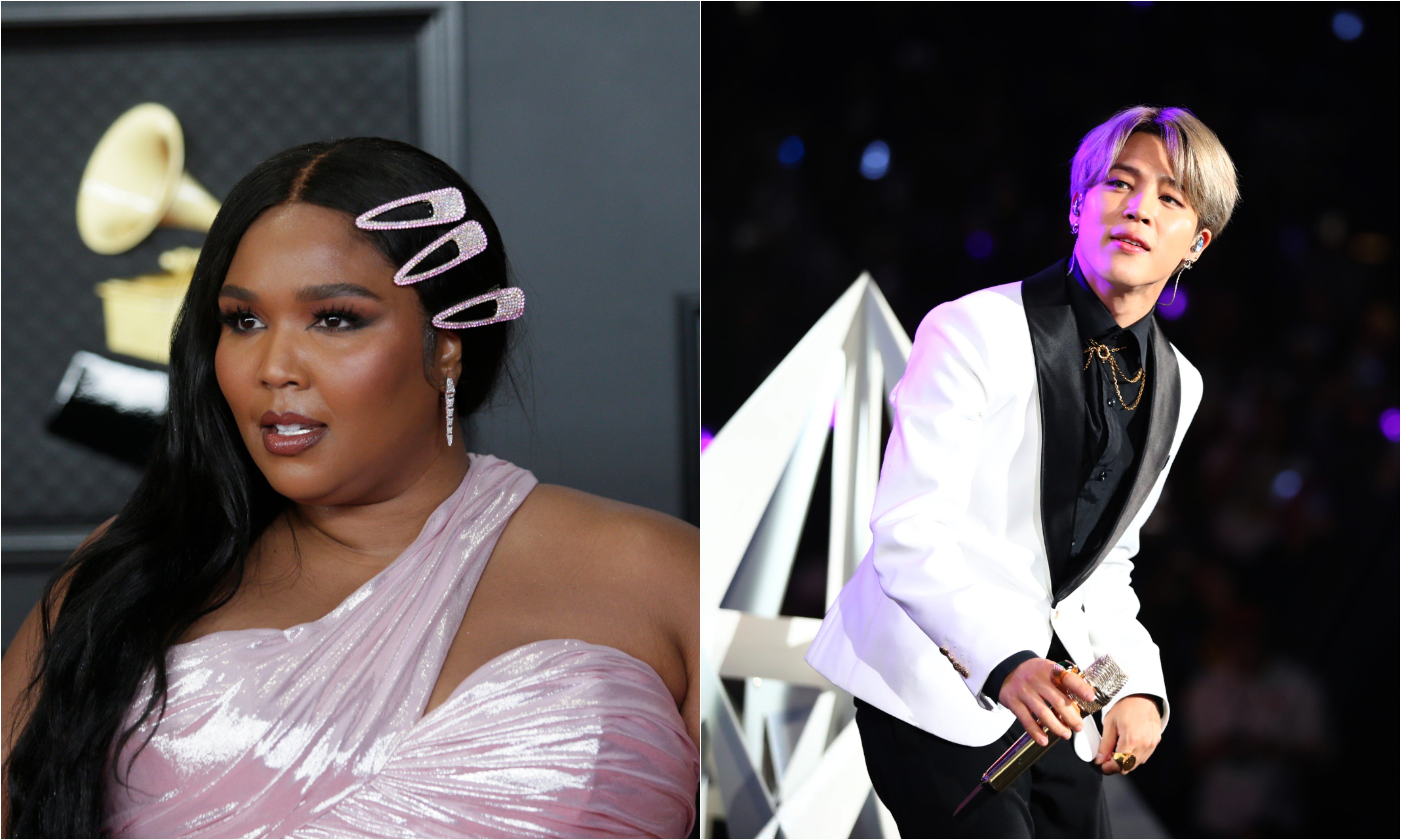 A joined photo of Lizzo attending the 2021 Grammy awards and Jimin of BTS performing at 102.7 KIIS FM's Jingle Ball 2019