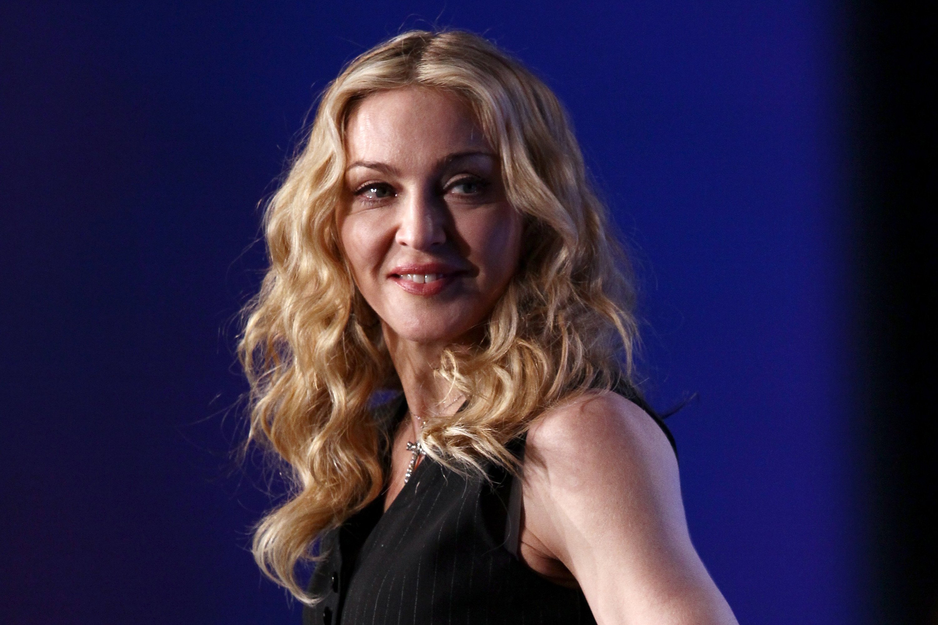 Madonna during a press conference for the Bridgestone Super Bowl XLVI halftime show in 2012