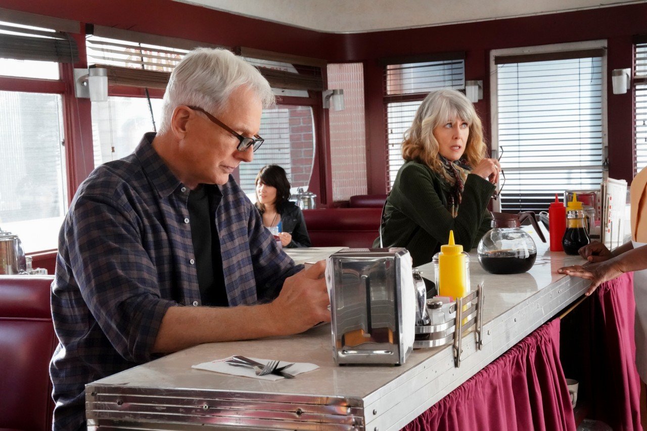 Mark Harmon and Pam Dawber during a scene on 'NCIS'