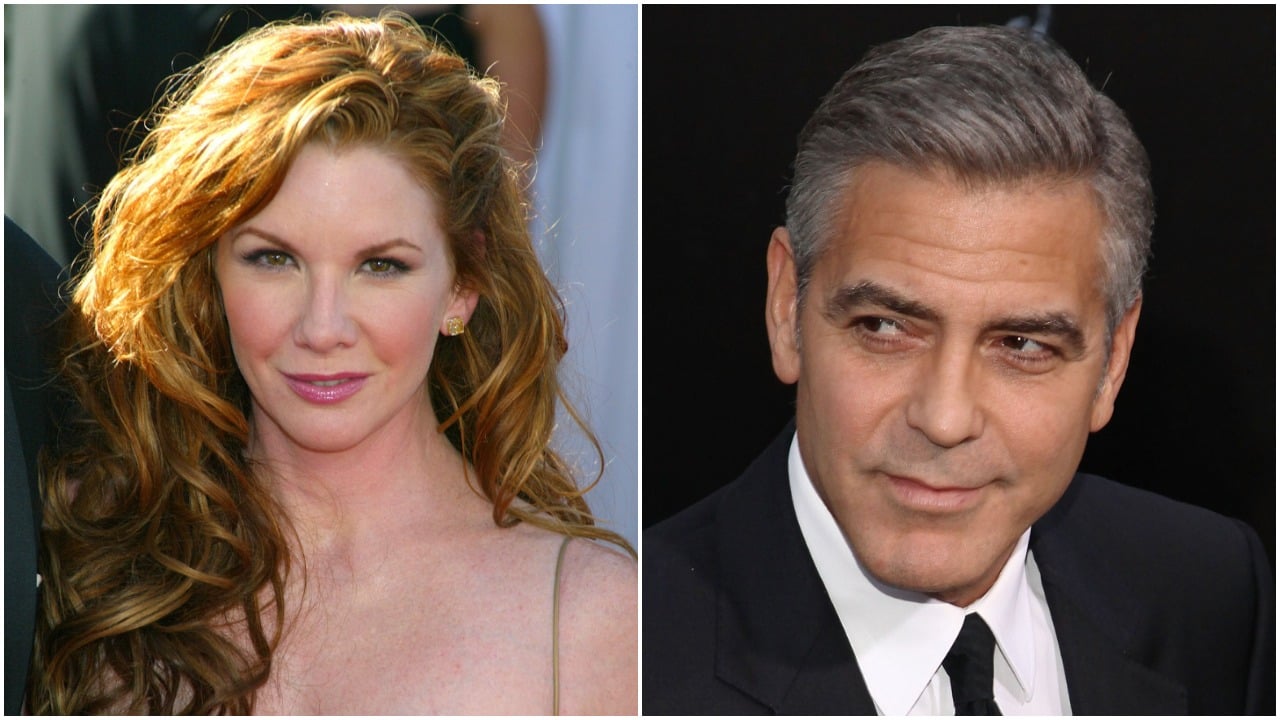 A close-up of Melissa Gilbert on the red carpet and a close-up of George Clooney posing for a picture.