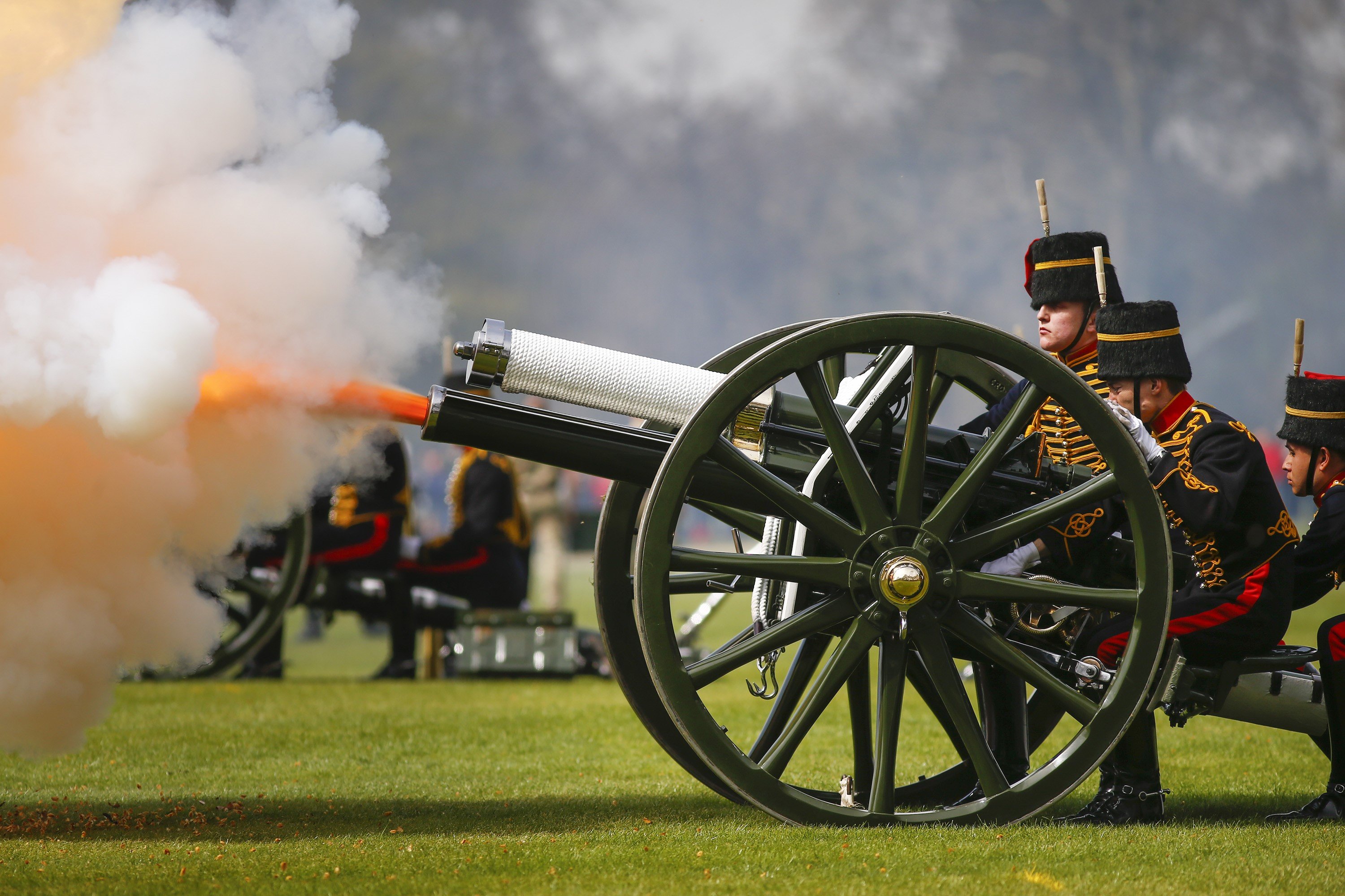 Members of the Kings Troop Royal Horse Artillery seen firing a gun salute in Hyde Park